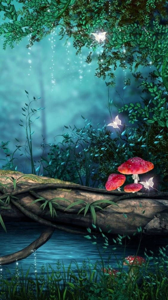 森林 桌布 壁紙 — 發光的紅色蘑菇生長在長滿苔蘚的木頭旁邊，神秘森林中有漂浮的精靈和閃爍的光芒。