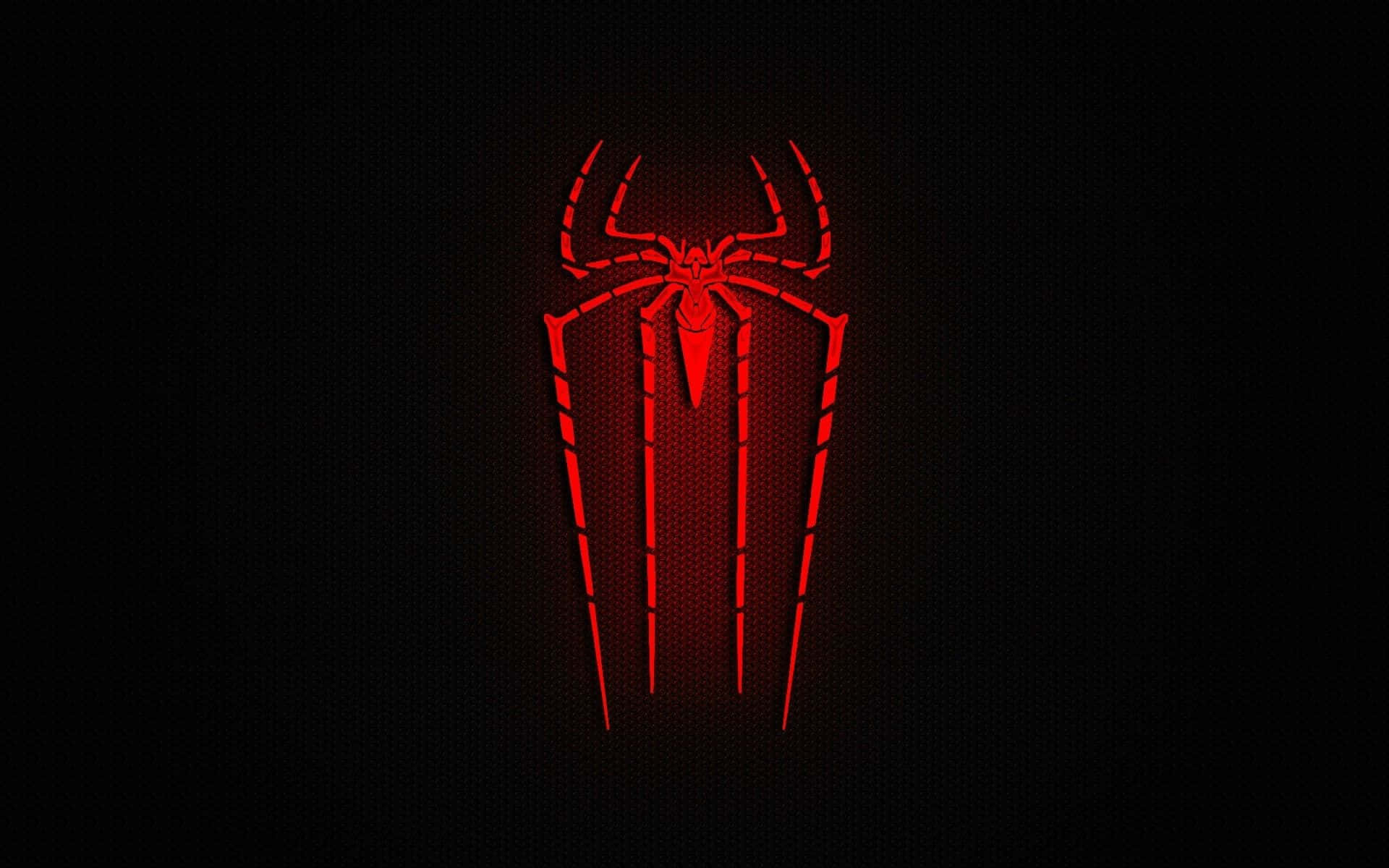 Spider Man Logo 桌布 壁紙 — 發光的紅色蜘蛛標誌在帶有紋理的黑色背景上散發光芒，並帶有微弱的漏光效果。