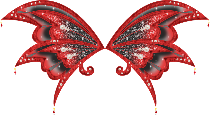 Fairy Wings 桌布 壁紙 — 發光的紅色蝴蝶翅膀，飾有閃閃發光的珍珠和火花，在黑色背景上。