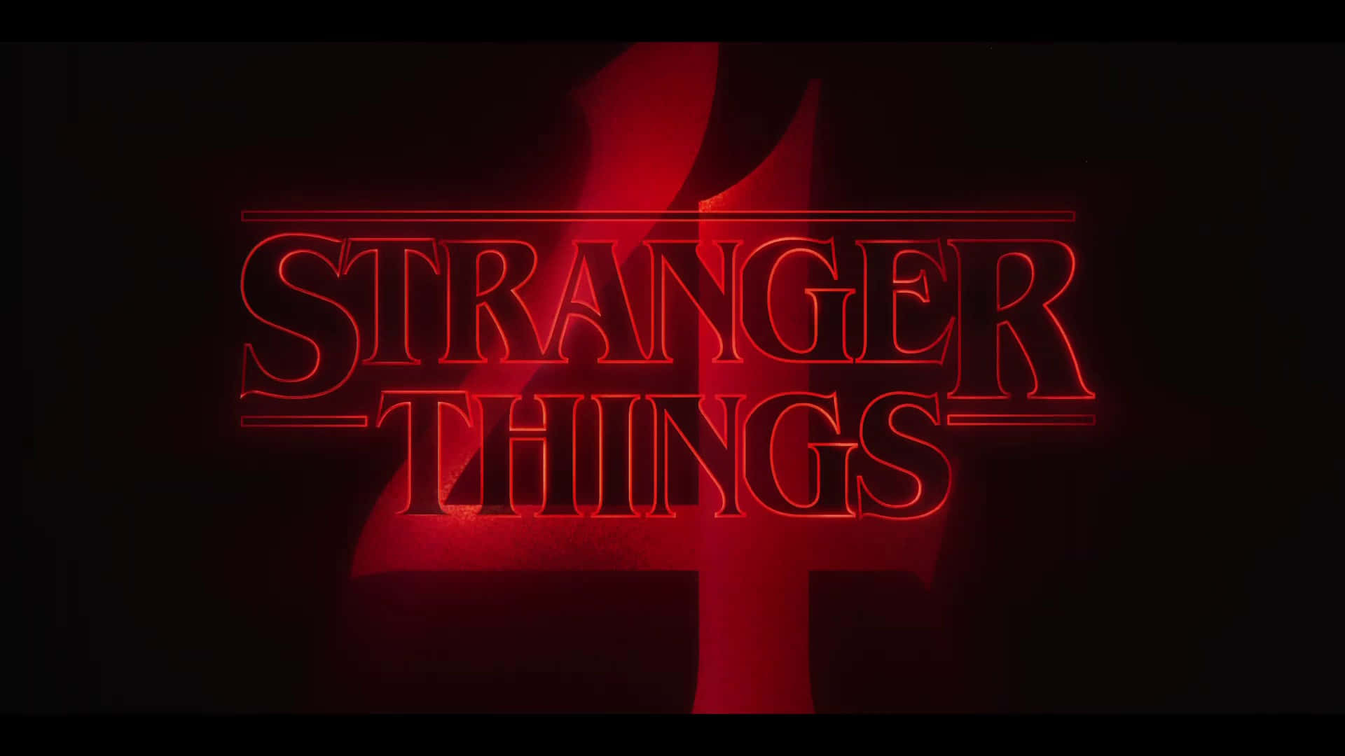 Stranger Things Girly 桌布 壁紙 — 發光的紅色霓虹燈標題「怪奇物語4」在黑暗背景上脈動，帶有抽象的紅色形狀。