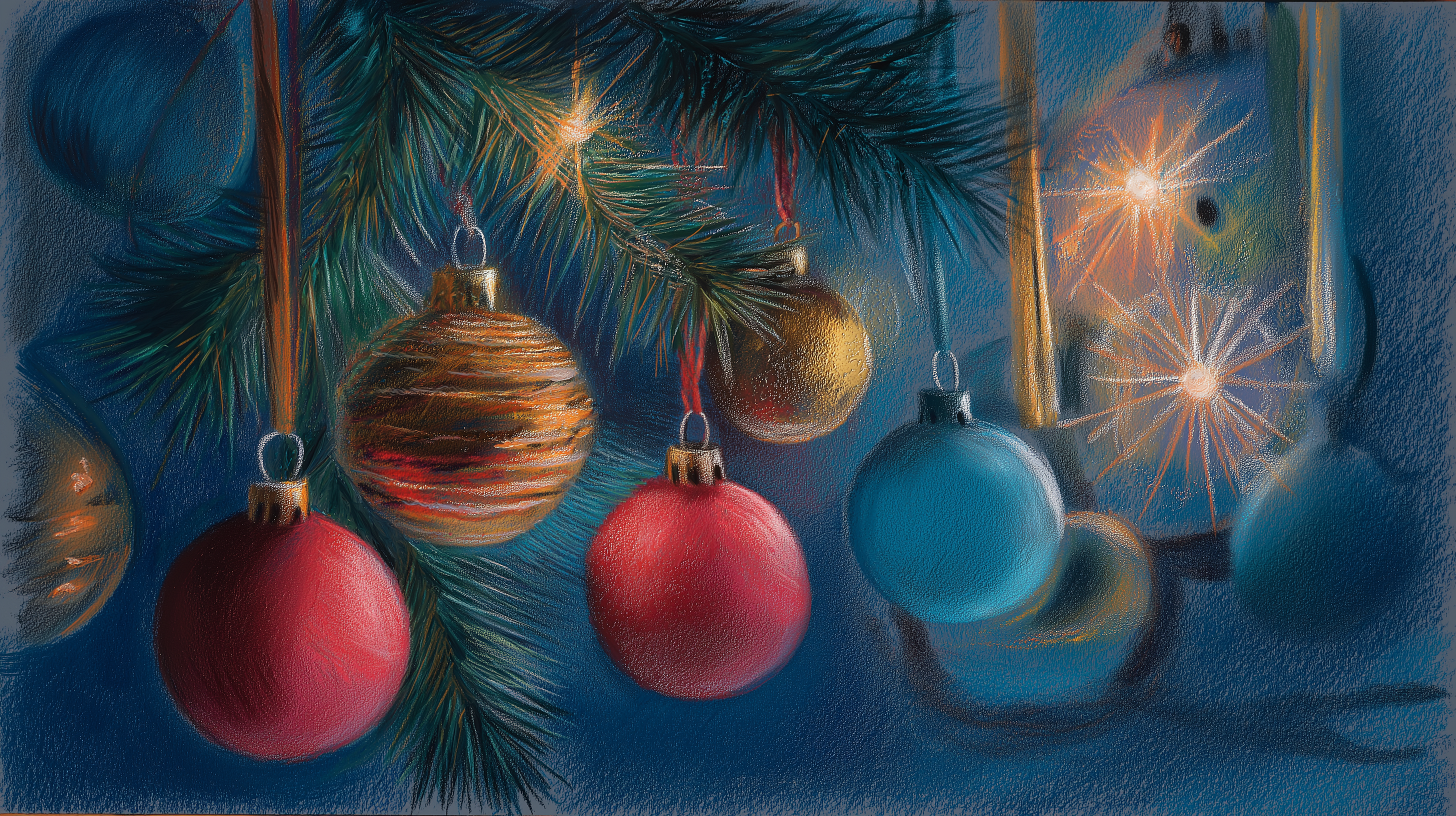 Ornaments 桌布 壁紙 — 發光的紅金色和藍色裝飾品懸掛在松樹枝上，背景是深藍色紋理背景，帶有閃爍的燈光。
