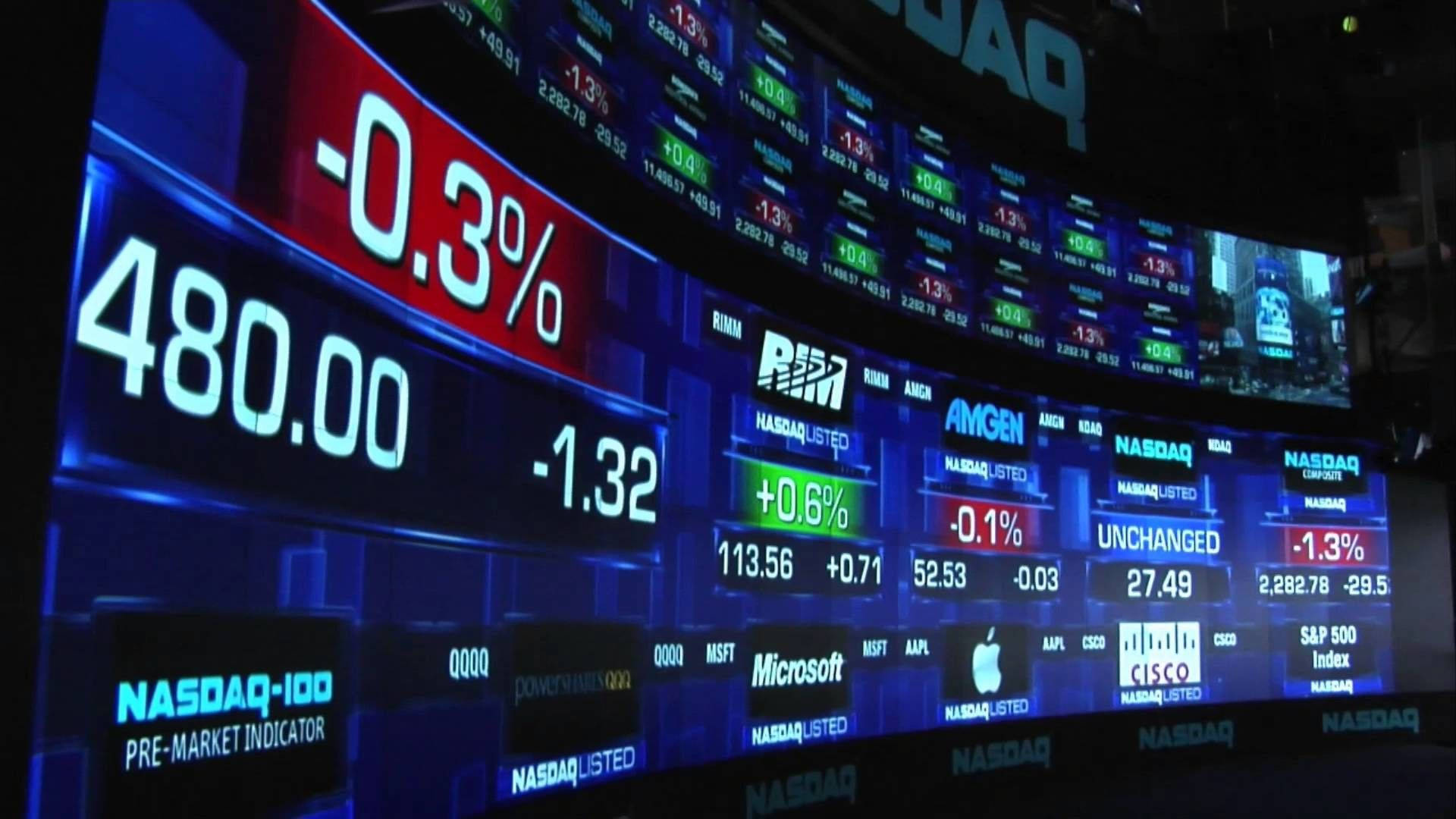 Market 桌布 壁紙 — 發光的納斯達克股票行情顯示器在深色背景上顯示負百分比和公司名稱。