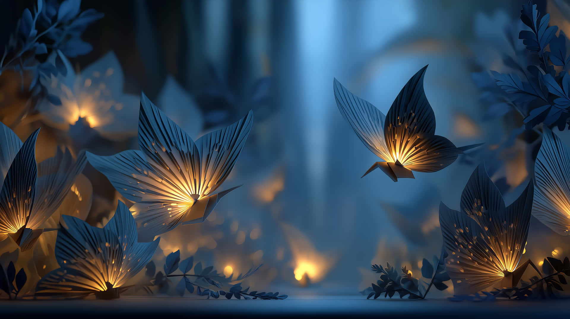 Illuminated paper butterflies amidst a dreamlike setting 壁紙 — 發光的紙燈籠，形狀像鳥和花朵，照亮了夜晚霧濛濛的藍色森林。