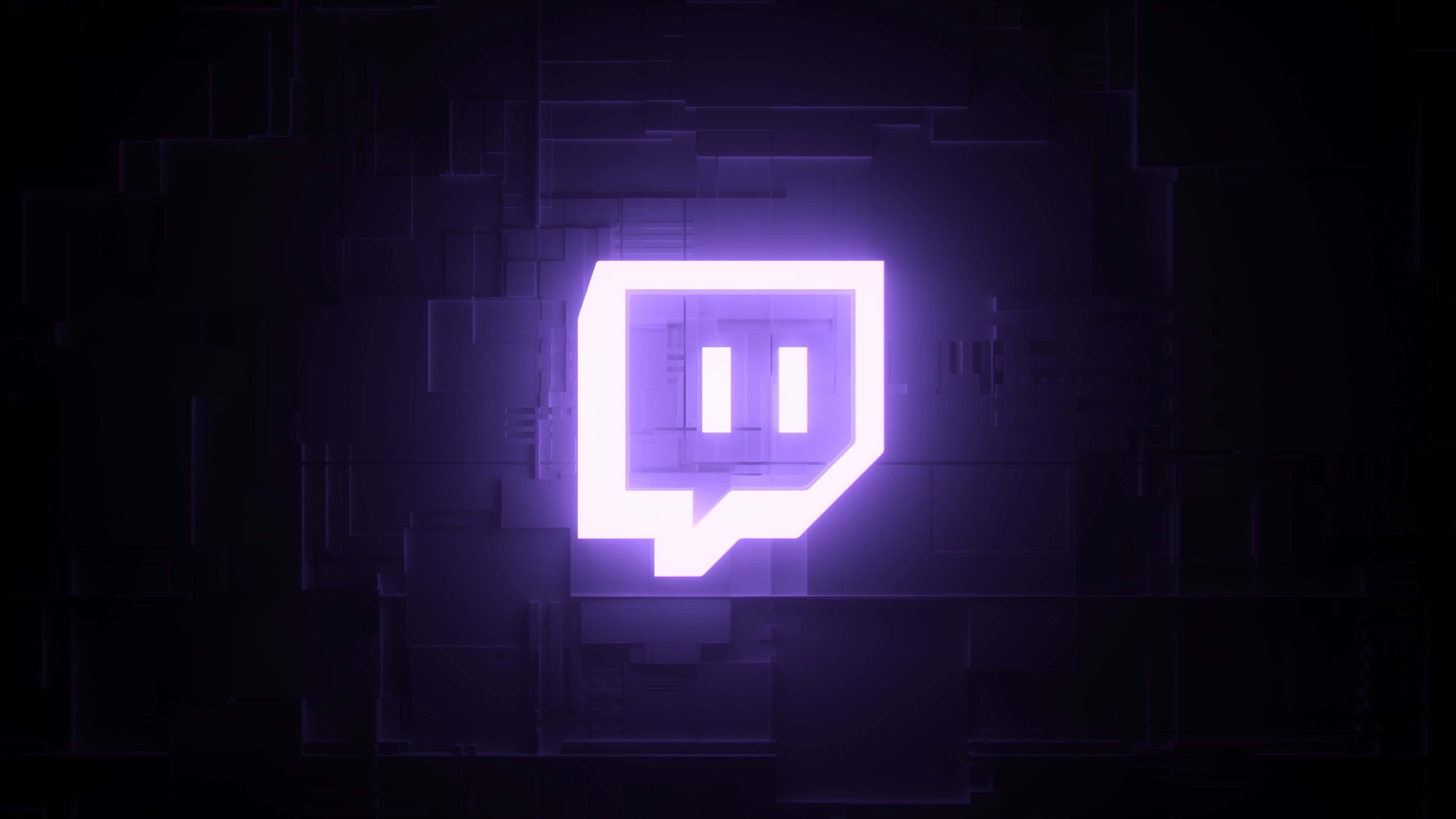 桌布 壁紙 — 發光的紫色 Twitch 標誌在帶有霓虹色調的深色幾何數位牆上脈動。