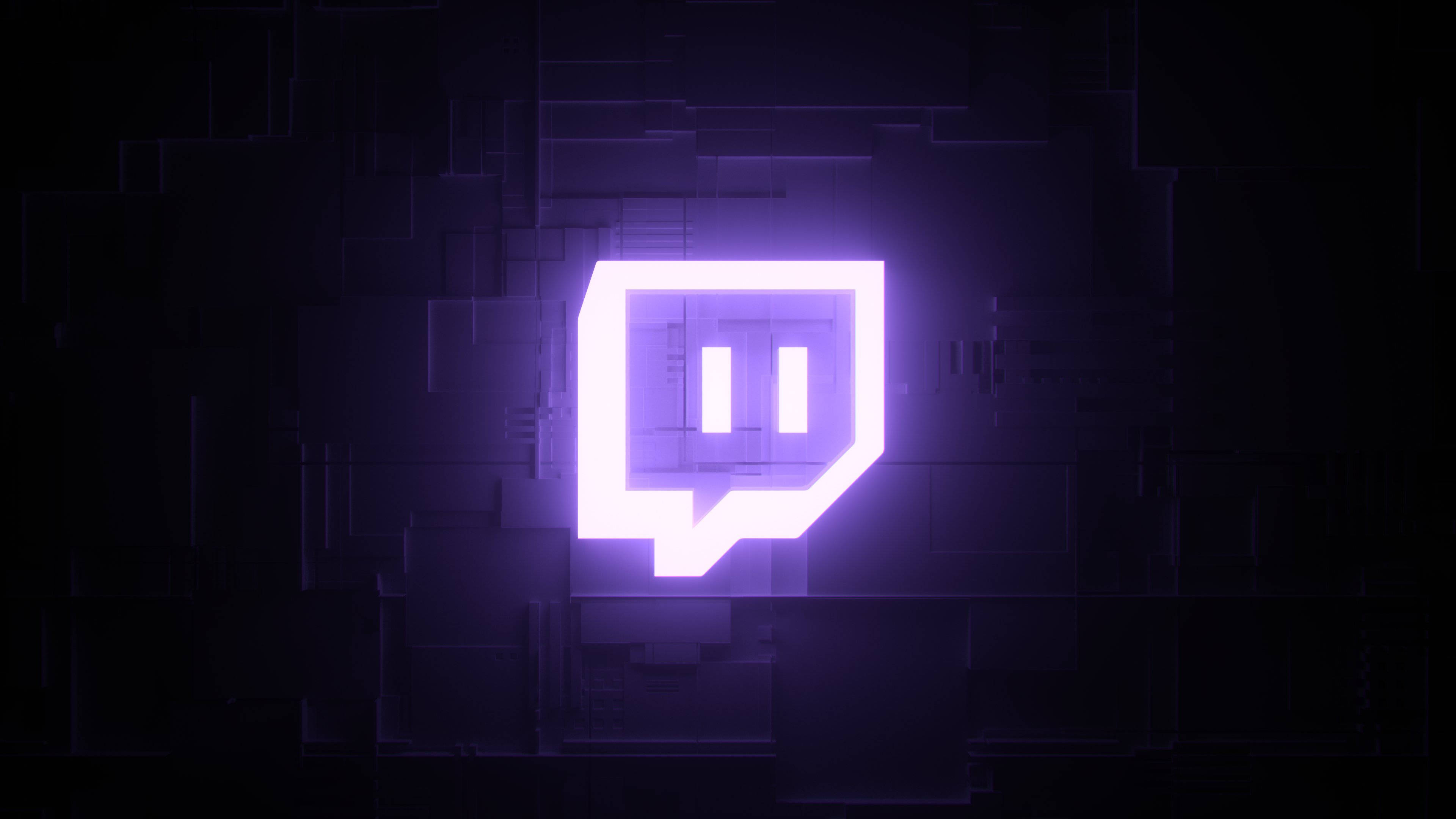 Twitch 桌布 壁紙 — 發光的紫色 Twitch 標誌在深色幾何數位背景上脈動。