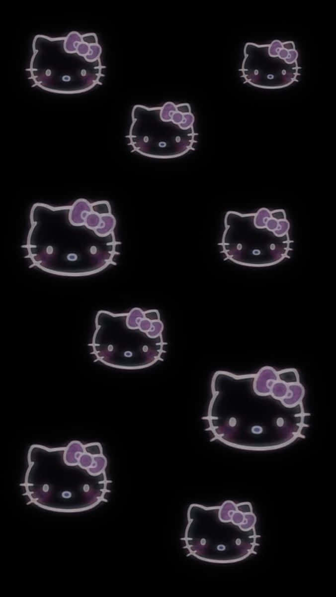 Emo Hello Kitty 桌布 壁紙 — 發光的紫色Hello Kitty面孔在黑色背景上以分散的圖案漂浮。