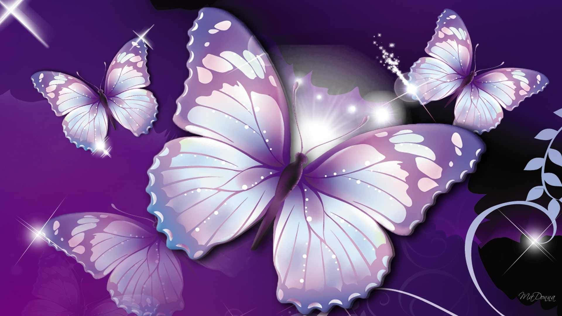 Purple Butterfly iPhone 桌布 壁紙 — 發光的紫色和白色蝴蝶，帶有閃爍的翅膀，在帶有裝飾性漩渦的深紫色背景上飛舞。