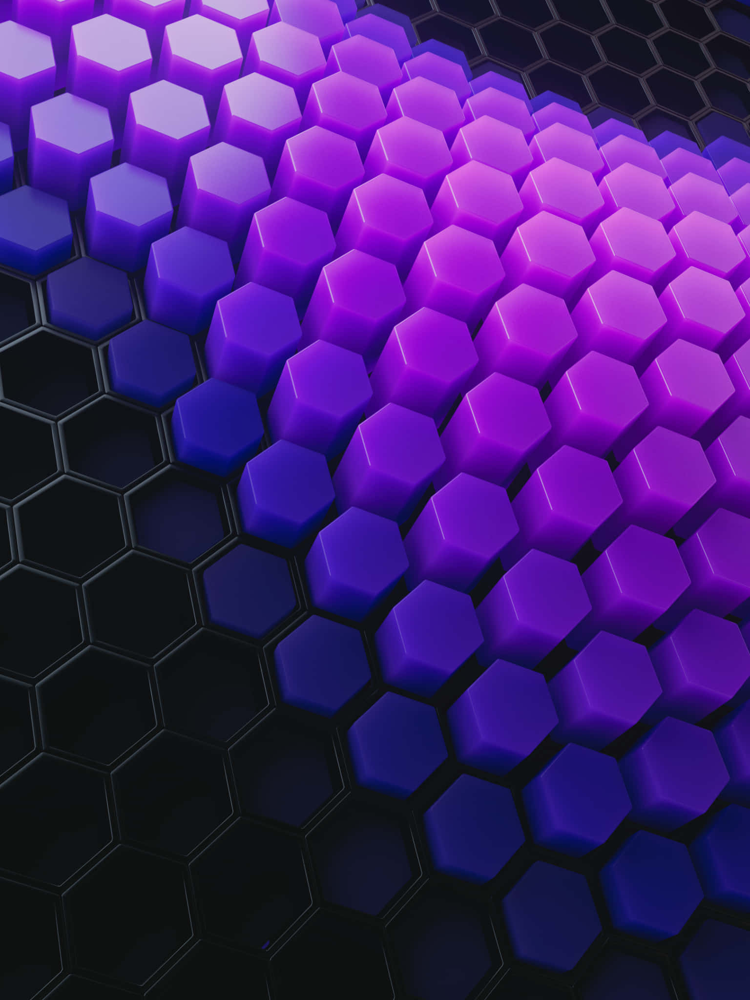 Bee Hive 桌布 壁紙 — 發光的紫色和藍色六邊形漸變從深色六邊形網格中升起，形成未來主義的數位圖案。