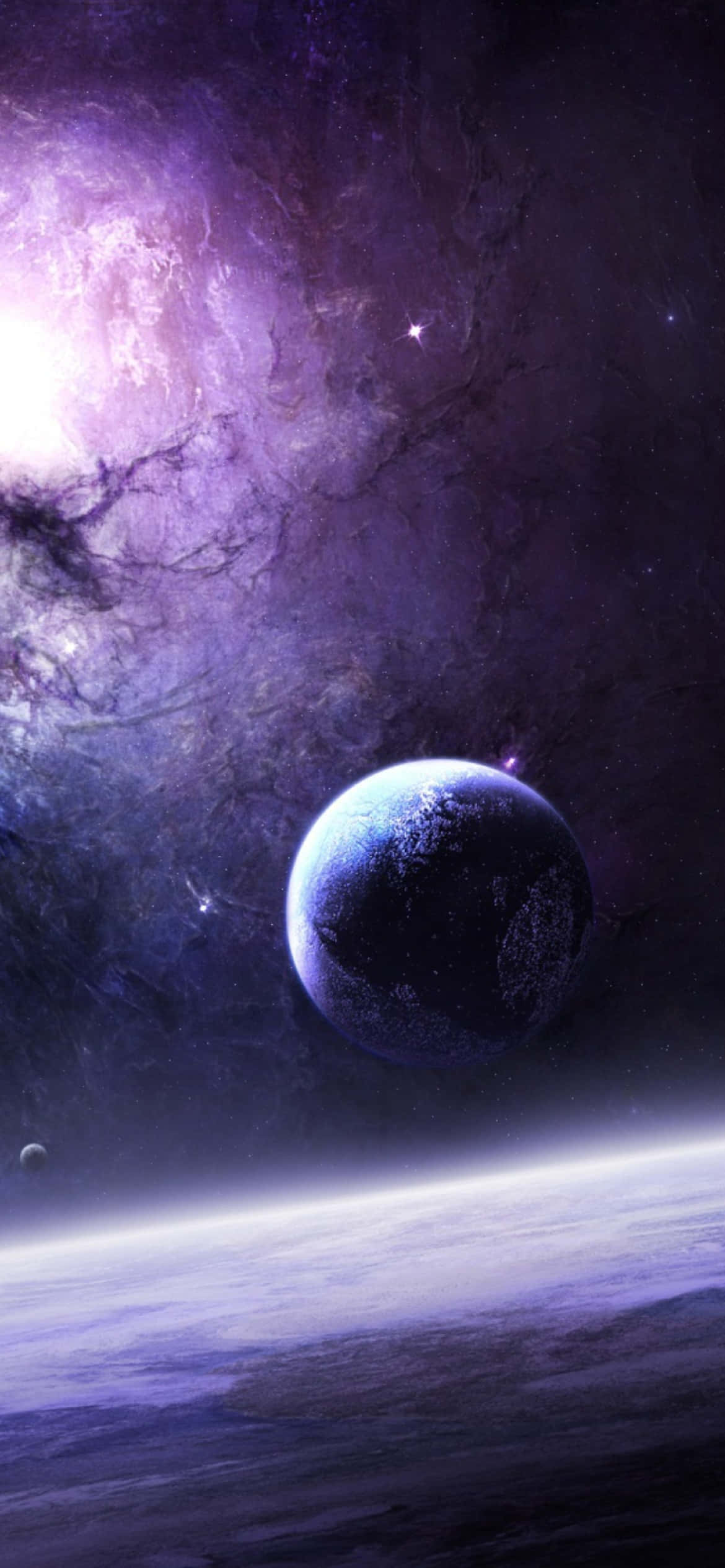 銀河 桌布 壁紙 — 發光的紫色星雲圍繞著一顆漂浮在迷霧宇宙地平線上的黑暗行星旋轉。