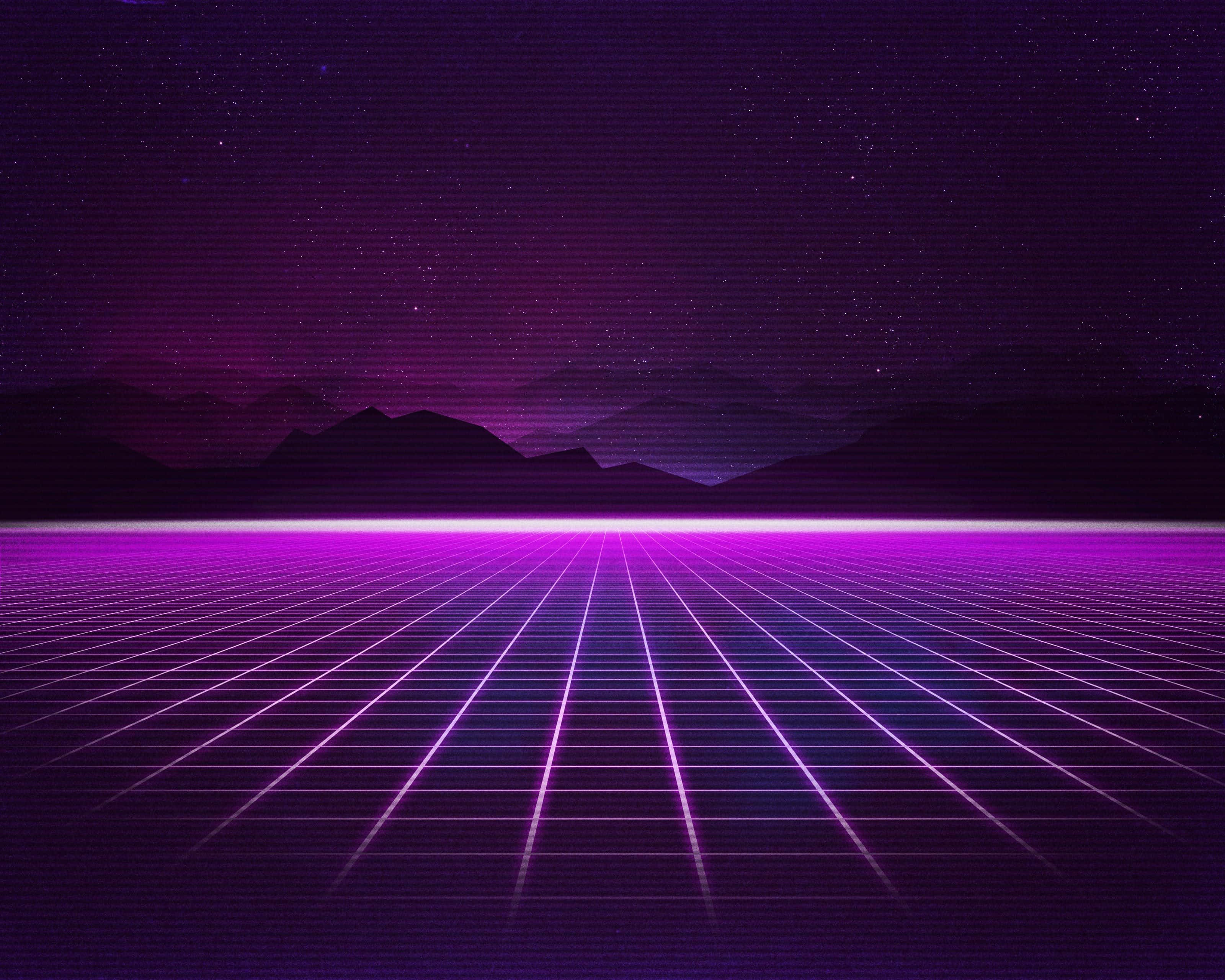 80s Vaporwave 桌布 壁紙 — 發光的紫色網格在星空復古未來主義夜空下向遠山延伸。