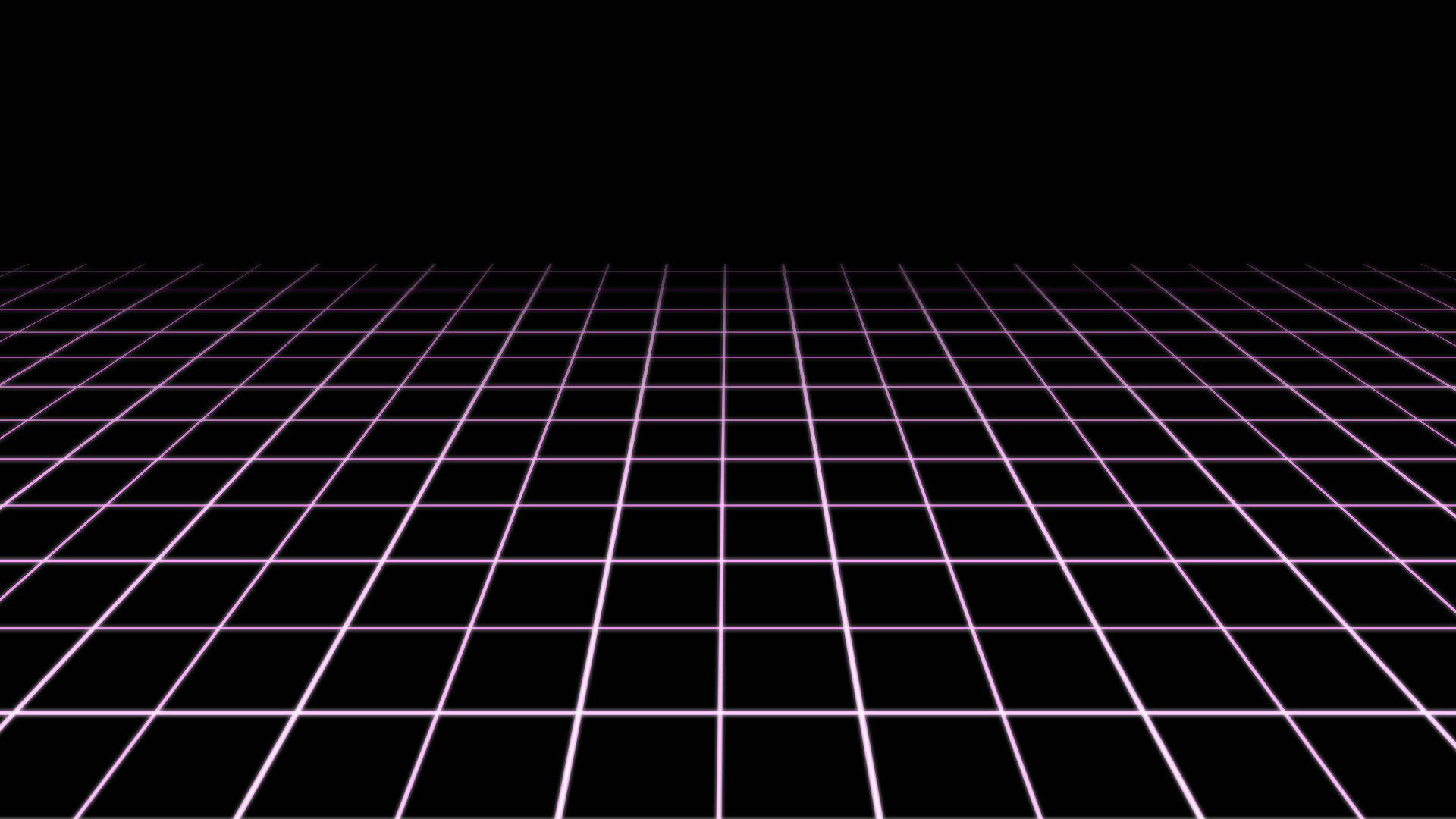 black and white aesthetic grid 桌布 壁紙 — 發光的紫色網格延伸至黑暗虛空，營造出復古未來主義的數位景觀。