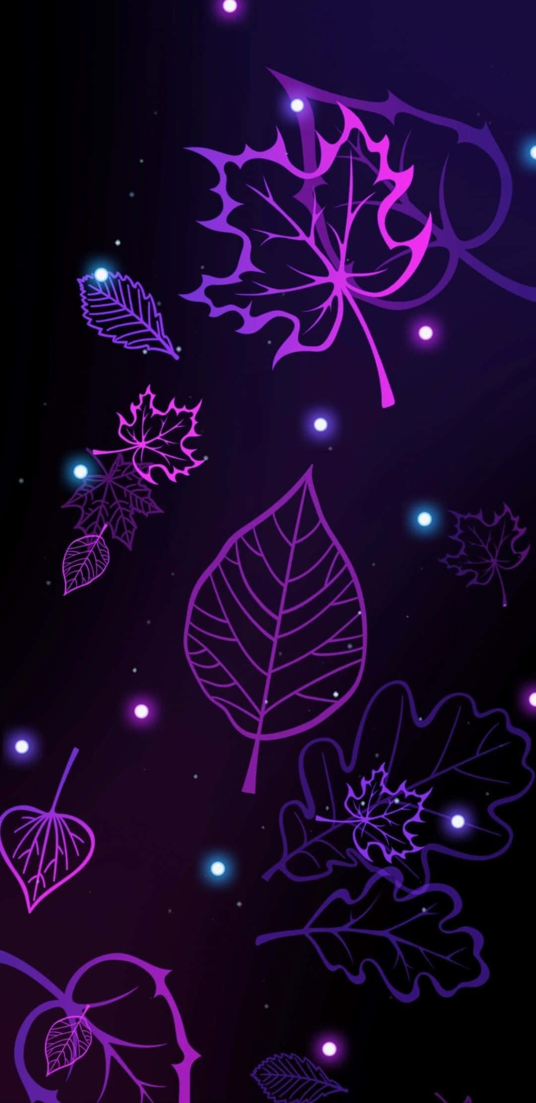 glow 桌布 壁紙 — 發光的紫色葉子在黑暗的宇宙背景下漂浮，點綴著閃爍的燈光。