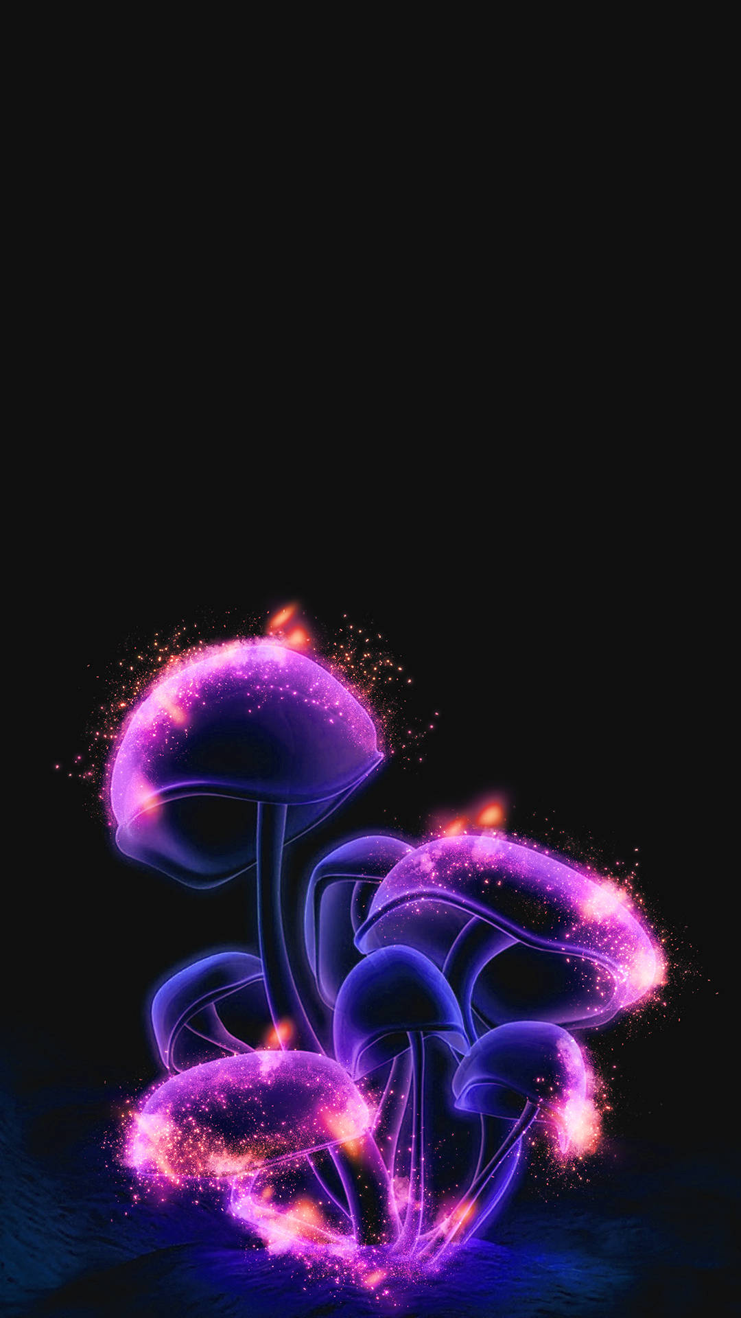 Psychedelic Mushroom 桌布 壁紙 — 發光的紫色蘑菇帶有火熱的橙色火花，在黑色虛空中漂浮，構成超現實的數位場景。