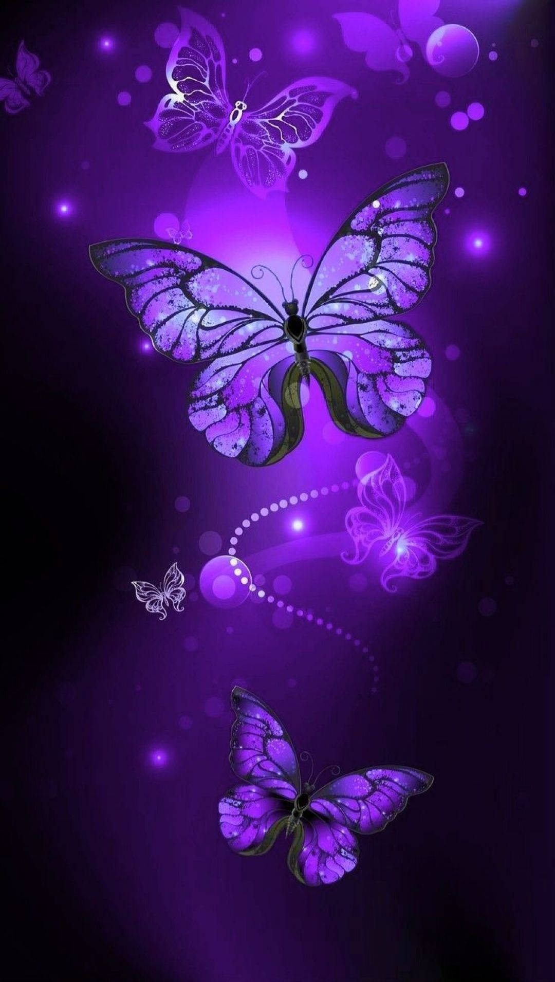 purple butterfly phone 桌布 壁紙 — 發光的紫色蝴蝶閃爍著翅膀，在深紫色散景背景上優雅地飛舞。