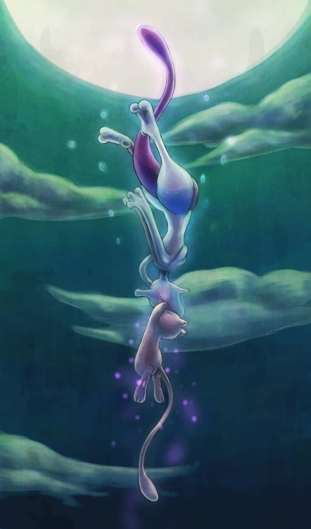 Pokemon Mew 桌布 壁紙 — 發光的紫色超夢在發光的月亮下優雅地漂浮在水下，周圍環繞著旋轉的綠色水流。