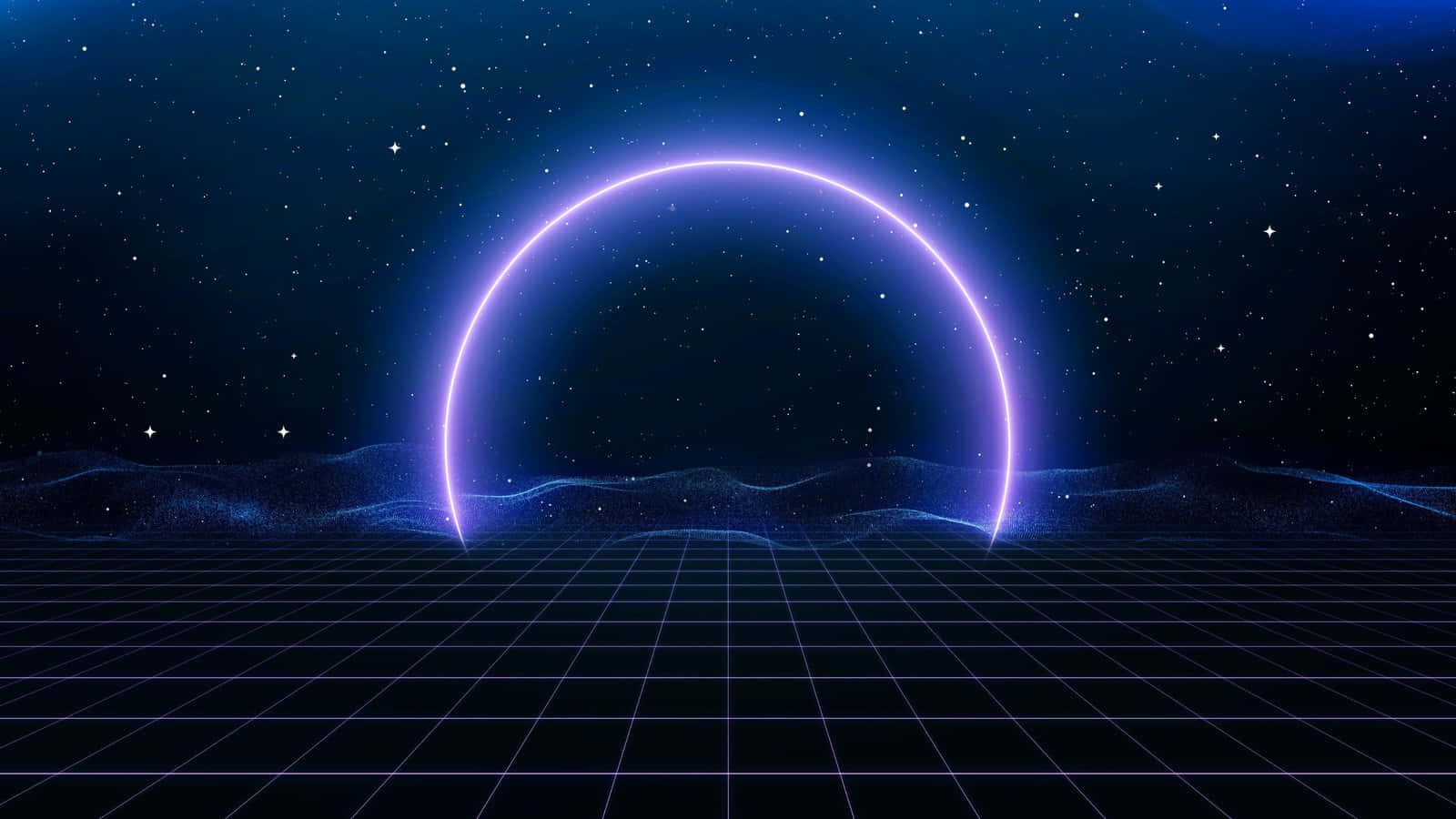 Screen 桌布 壁紙 — 發光的紫色霓虹拱門漂浮在網格地板上方，星空下帶有數位波形。