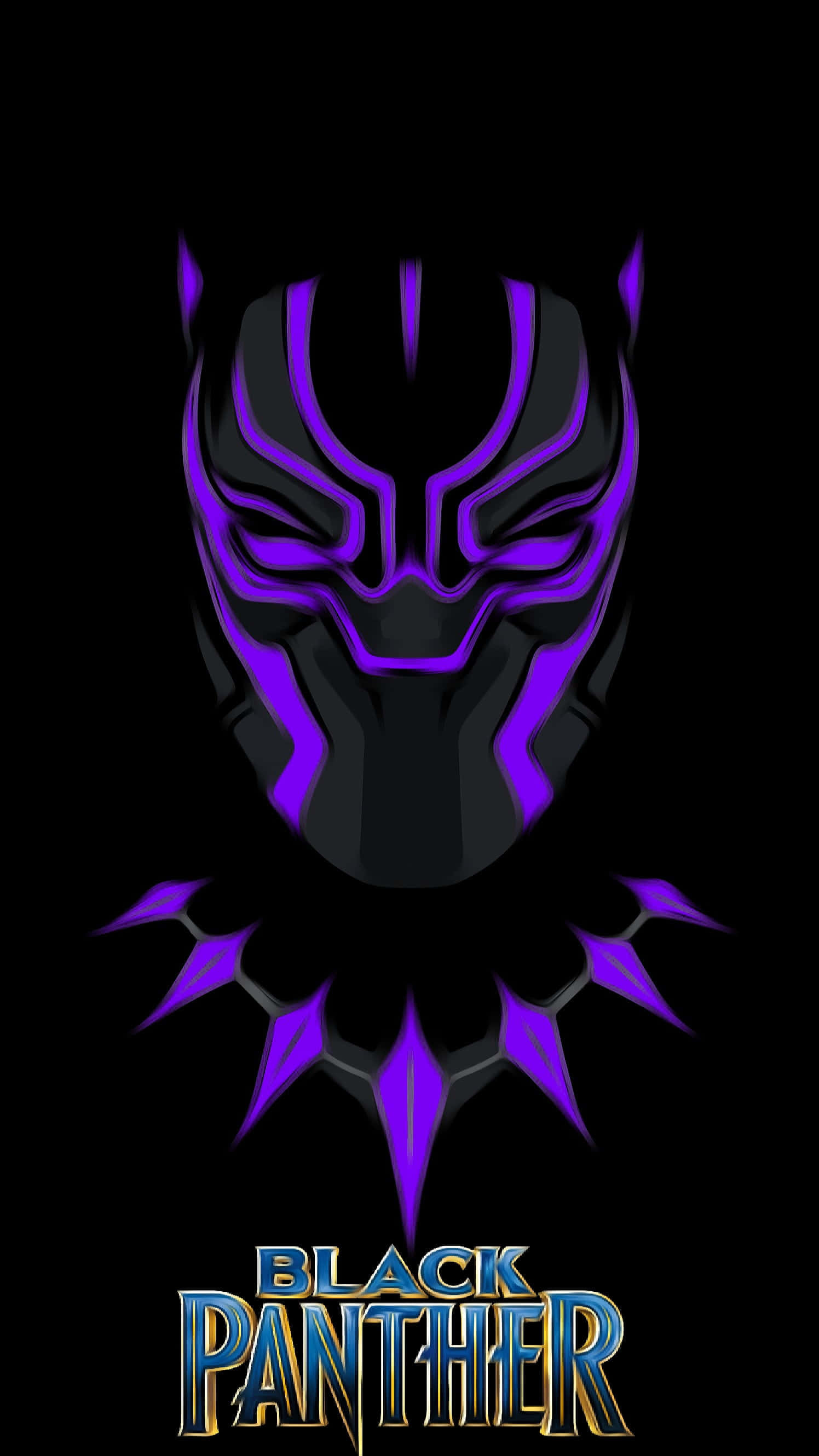 Vibranium 桌布 壁紙 — 發光的紫色黑豹面具，具有尖銳的貓科特徵和鋸齒狀領子，背景為純黑色。