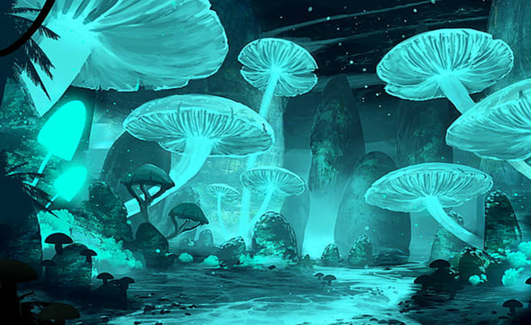 Painting 桌布 壁紙 — 發光的綠松石蘑菇在星空下的神秘森林地面上閃耀。