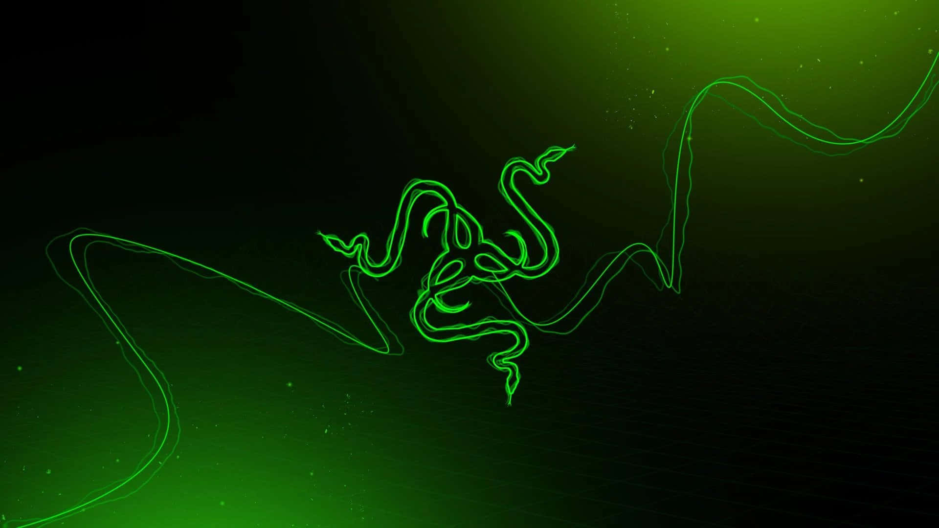 雷蛇 桌布 壁紙 — 發光的綠色 Razer 標誌蛇在帶有微妙粒子效果的深色漸變背景上優雅地彎曲。