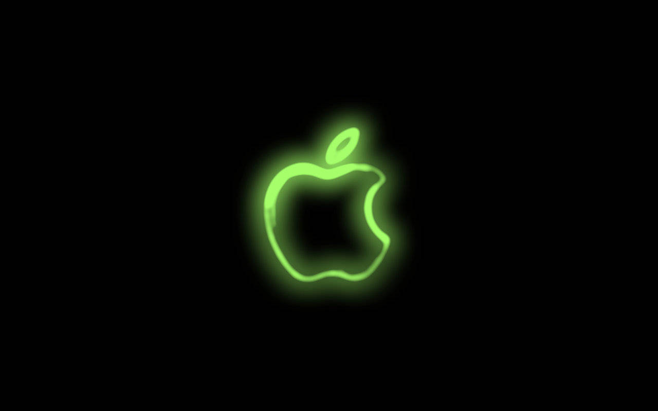 霓虹綠美學 桌布 壁紙 — 發光的綠色Apple標誌在純黑色背景上柔和地發光。