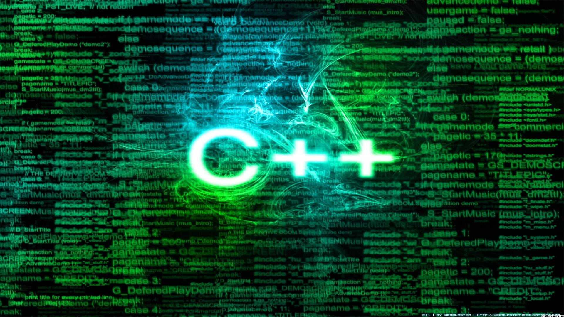 4K程式壁紙 桌布 壁紙 — 發光的綠色C++標誌從旋轉的程式碼行中浮現，背景為深色數位背景。