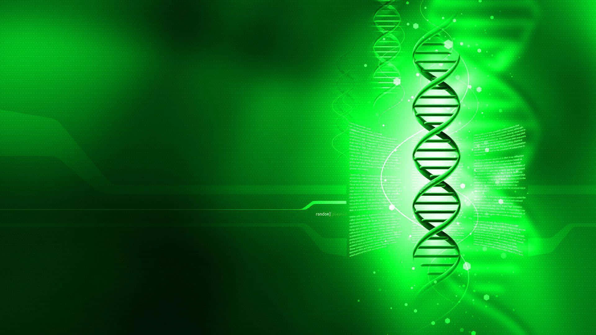 biology 桌布 壁紙 — 發光的綠色DNA雙螺旋在充滿輻射光效的未來數位空間中盤旋。