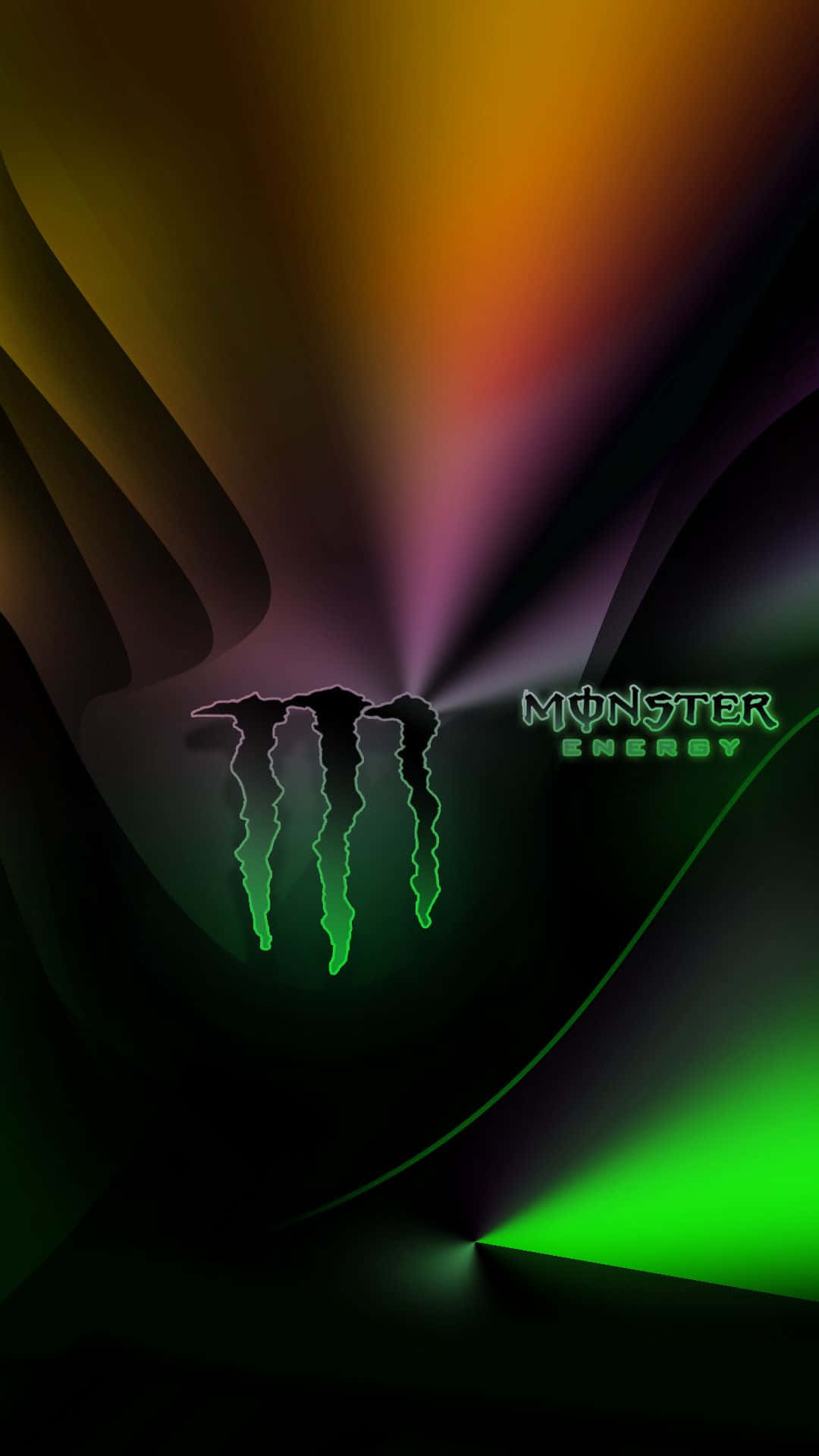 Monster Energy 桌布 壁紙 — 發光的綠色Monster Energy標誌在帶有流動彩虹漸層的深色抽象背景上散發光芒。