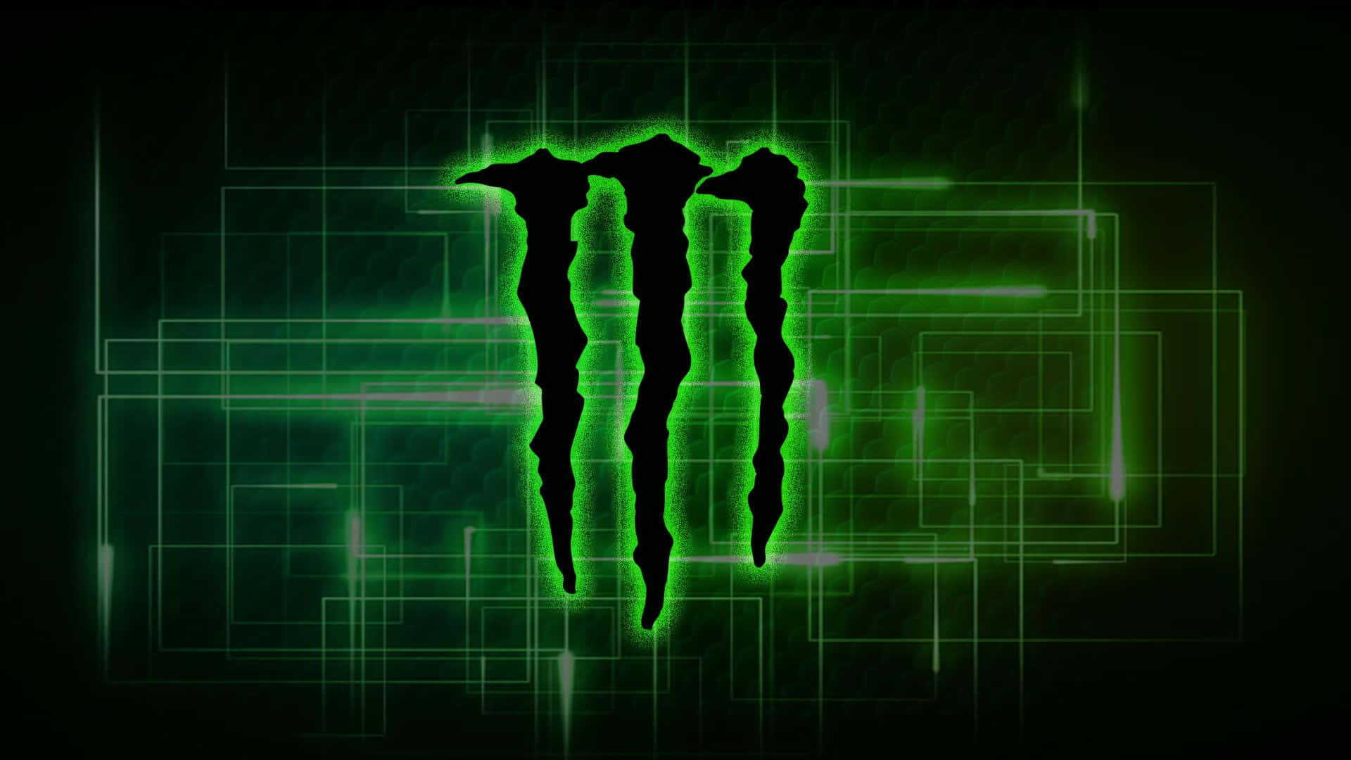 怪物 桌布 壁紙 — 發光的綠色Monster Energy標誌在帶有霓虹網格線的深色背景上脈動。
