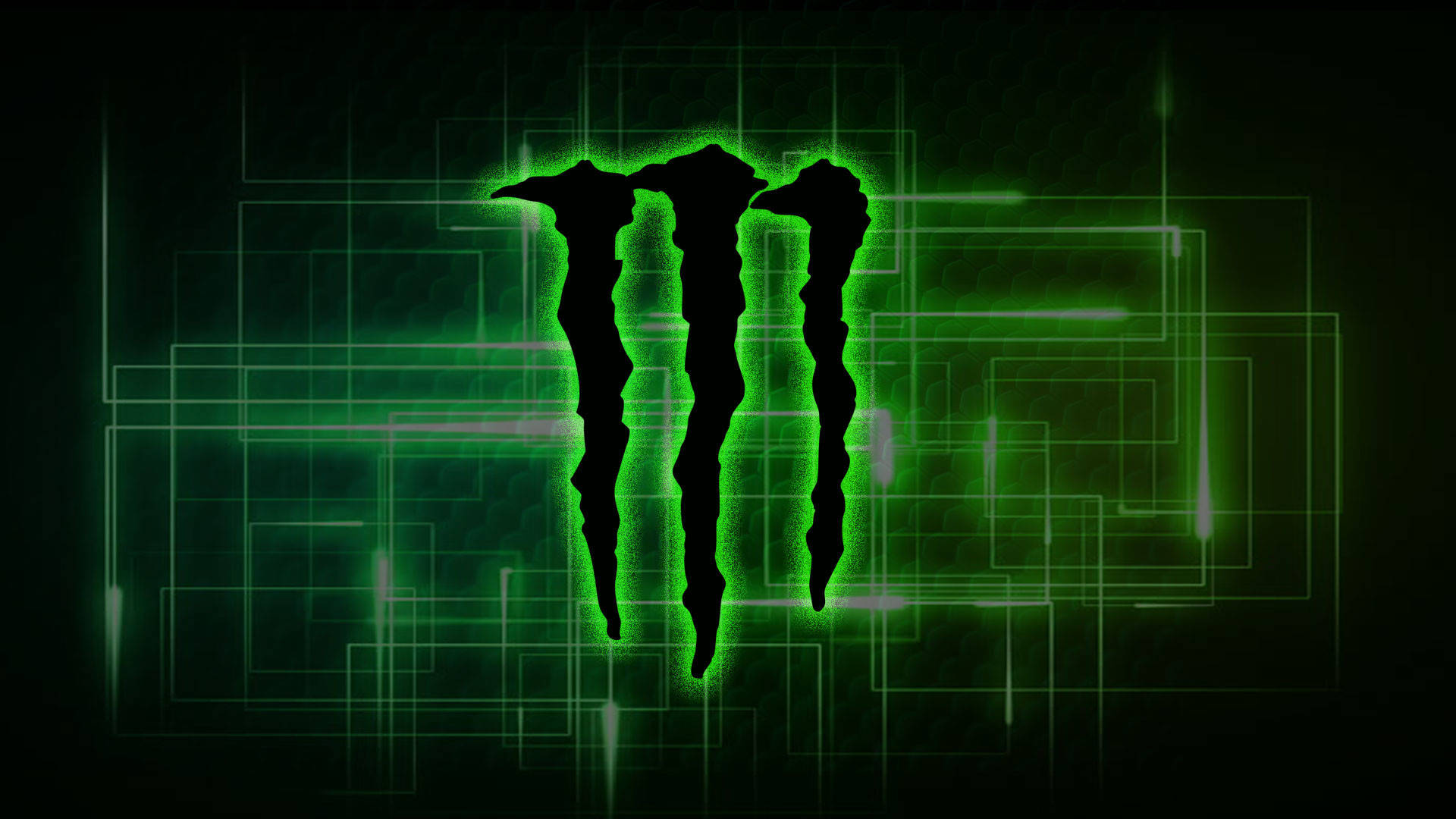 Monster Energy 桌布 壁紙 — 發光的綠色Monster Energy標誌在帶有霓虹線條的深色數位網格背景上脈動。