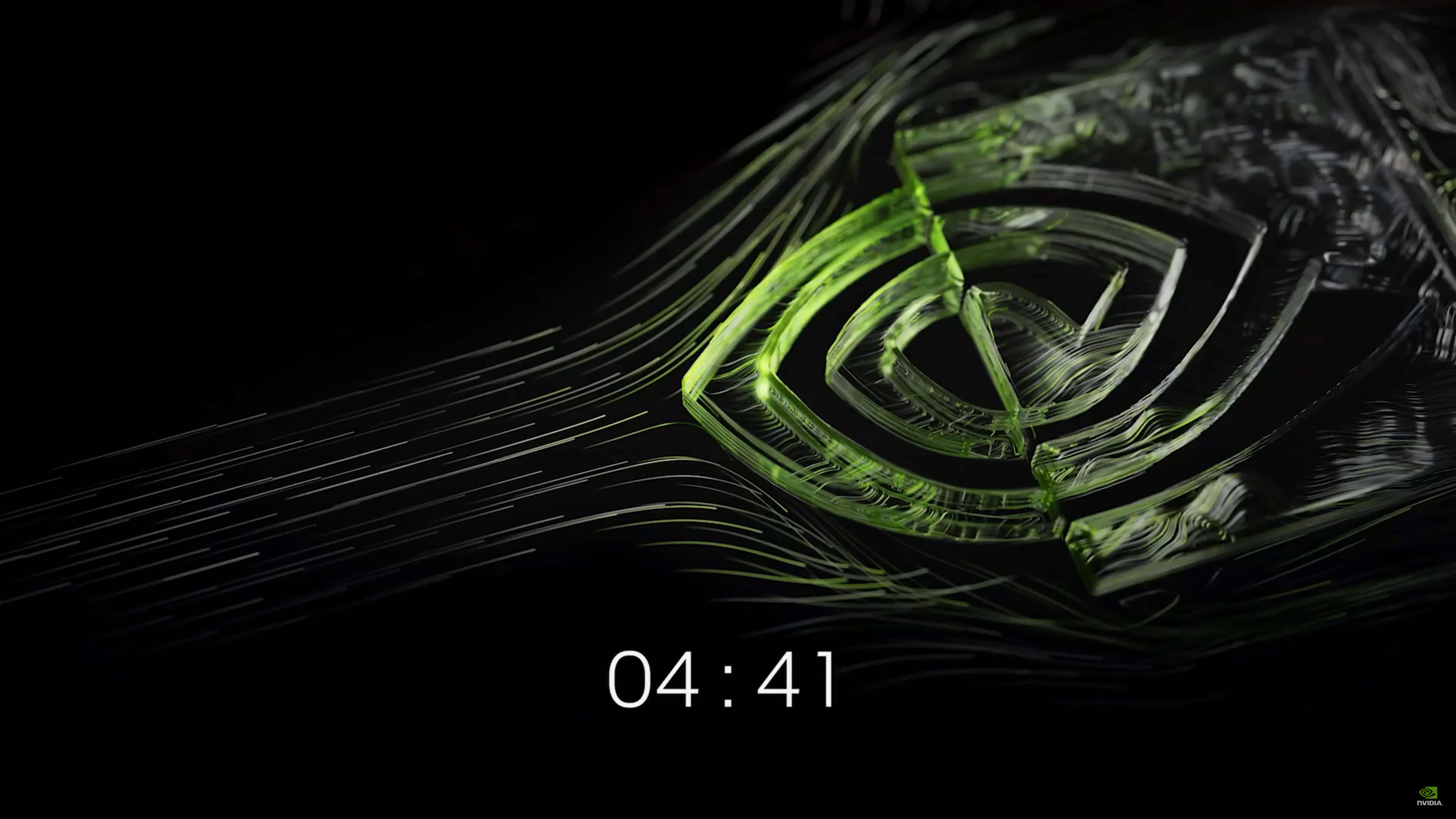 nvidia 桌布 壁紙 — 發光的綠色NVIDIA標誌從流動的數位條紋中浮現，背景為黑色並帶有時間顯示。