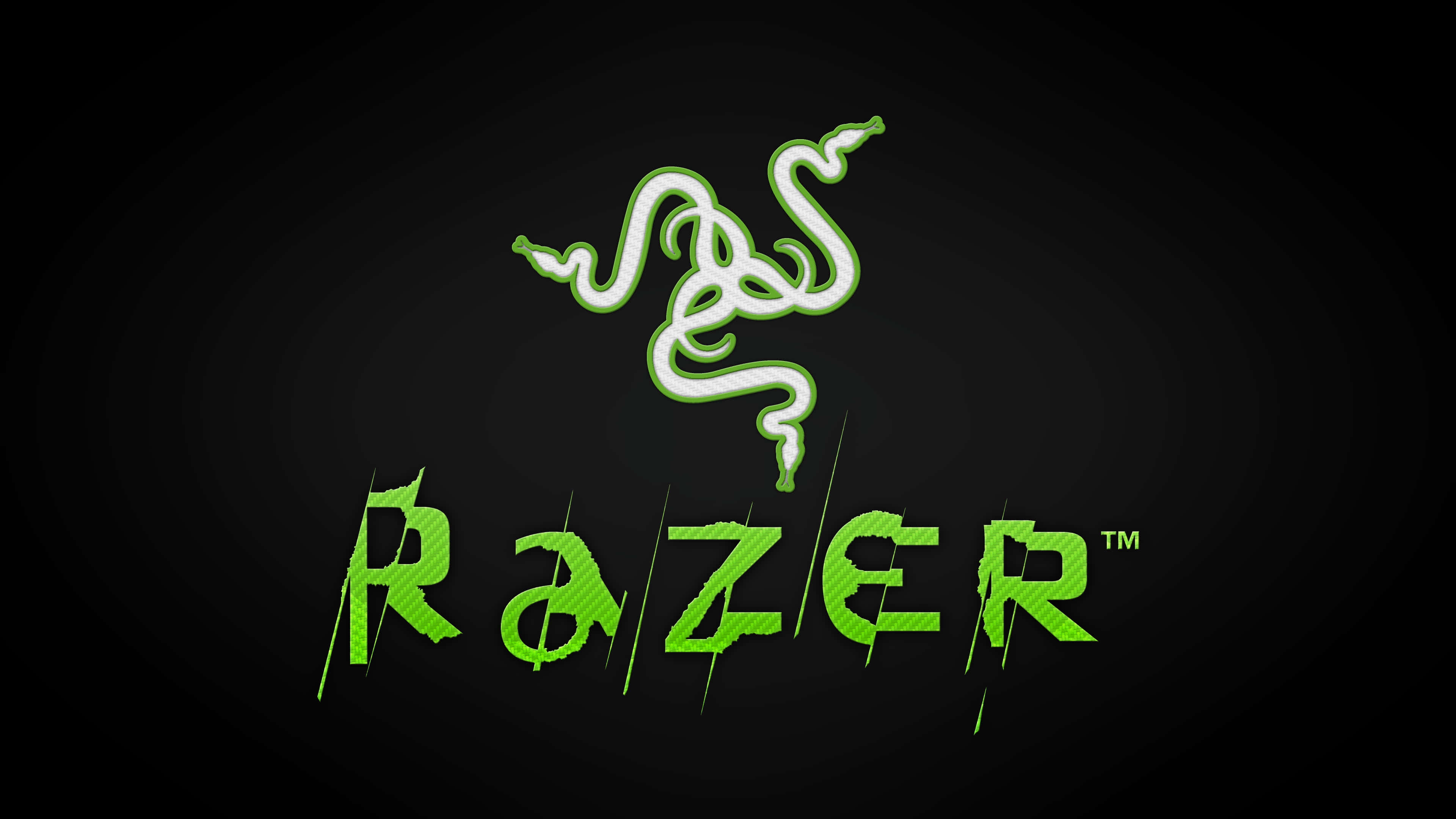 雷蛇 桌布 壁紙 — 發光的綠色Razer標誌，帶有風格化的蛇和品牌名稱，背景為深色漸變。