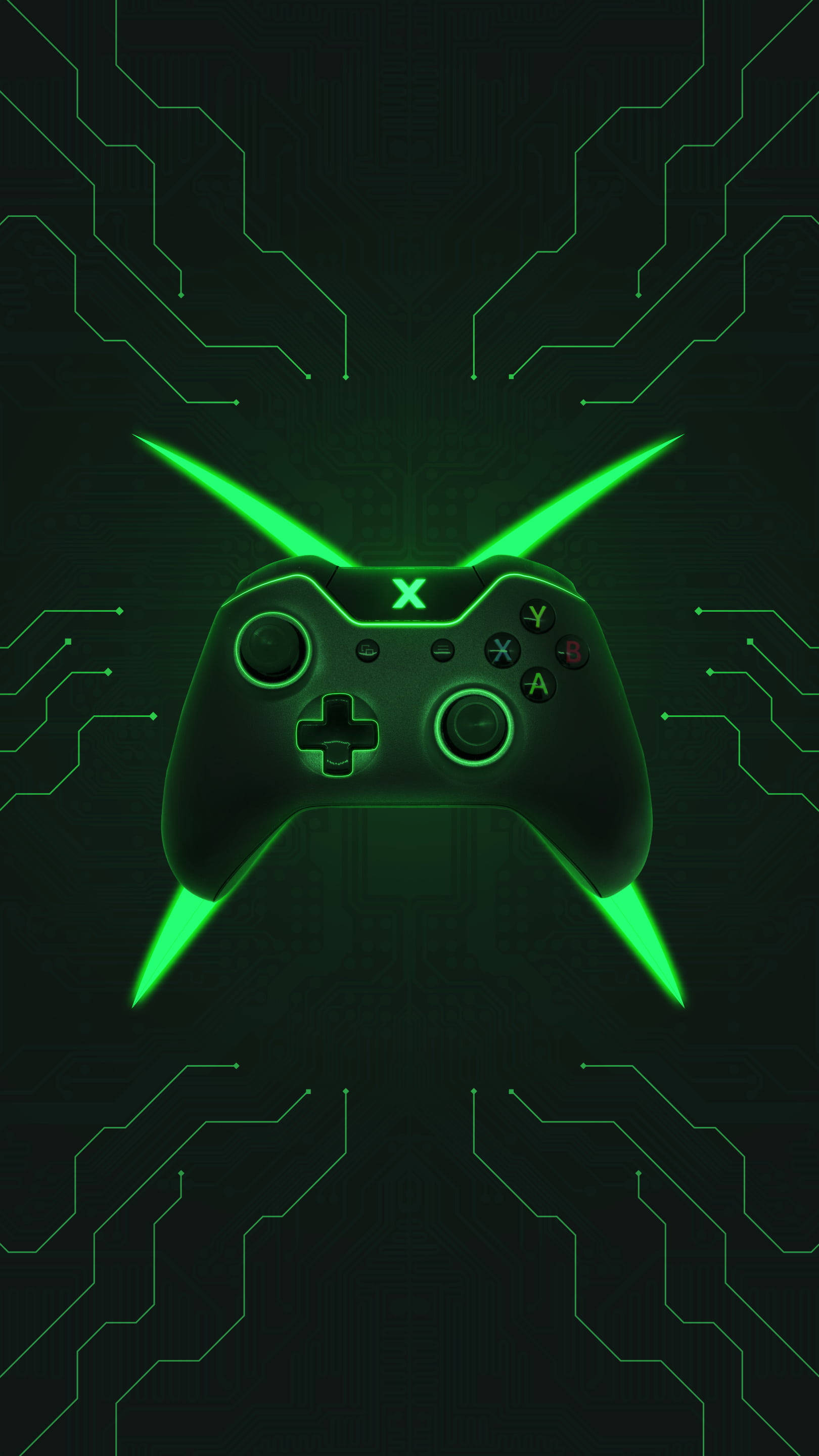 Neon Green Aesthetic 桌布 壁紙 — 發光的綠色Xbox控制器在黑暗的電路板圖案背景上散發出霓虹燈光。