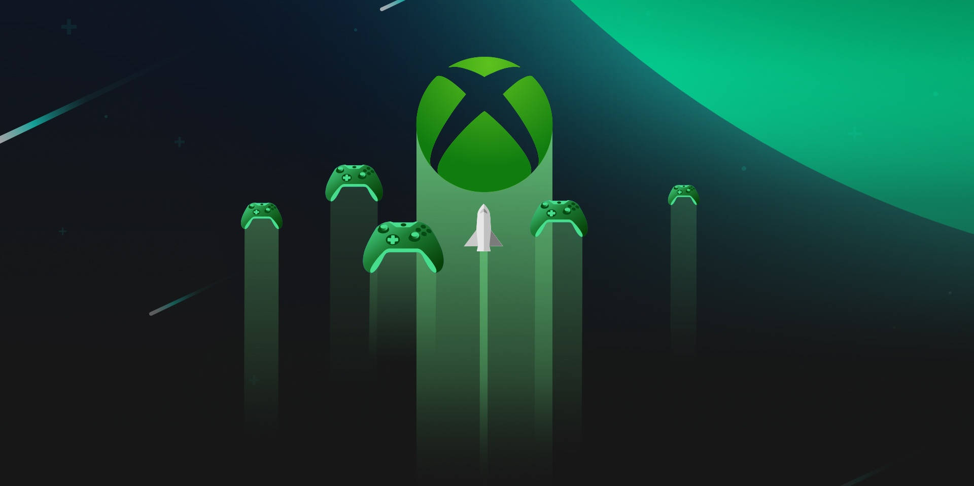 X 桌布 壁紙 — 發光的綠色Xbox標誌和控制器從柱子上升起，背景是宇宙夜空，有綠色行星和流星。