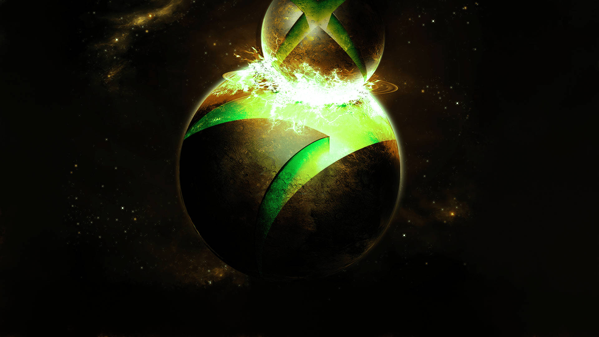 Xbox One X 桌布 壁紙 — 發光的綠色Xbox標誌在宇宙行星上以電能脈動，背景是星空太空。