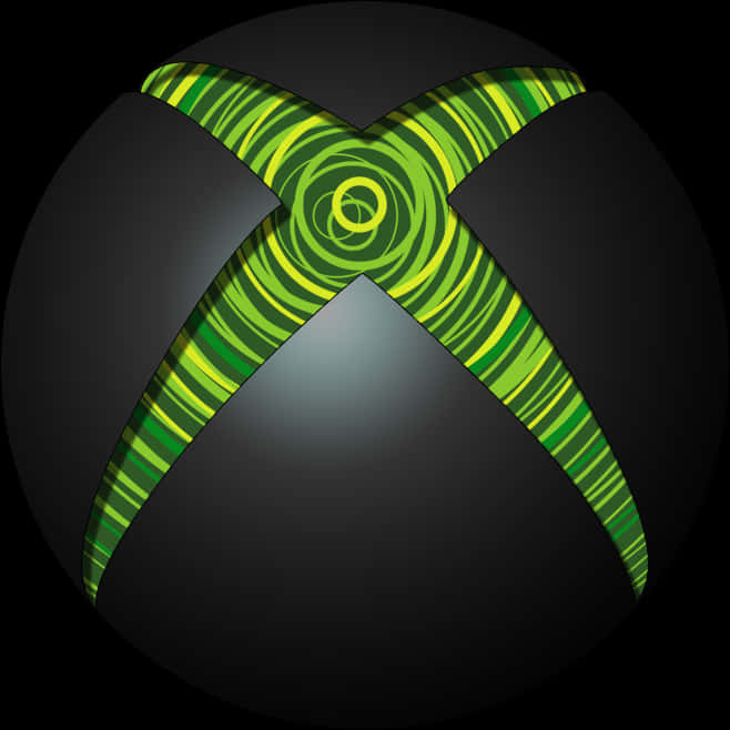 Xbox 桌布 壁紙 — 發光的綠色Xbox標誌帶有旋轉圖案，在黑暗的球形背景上放射光芒。