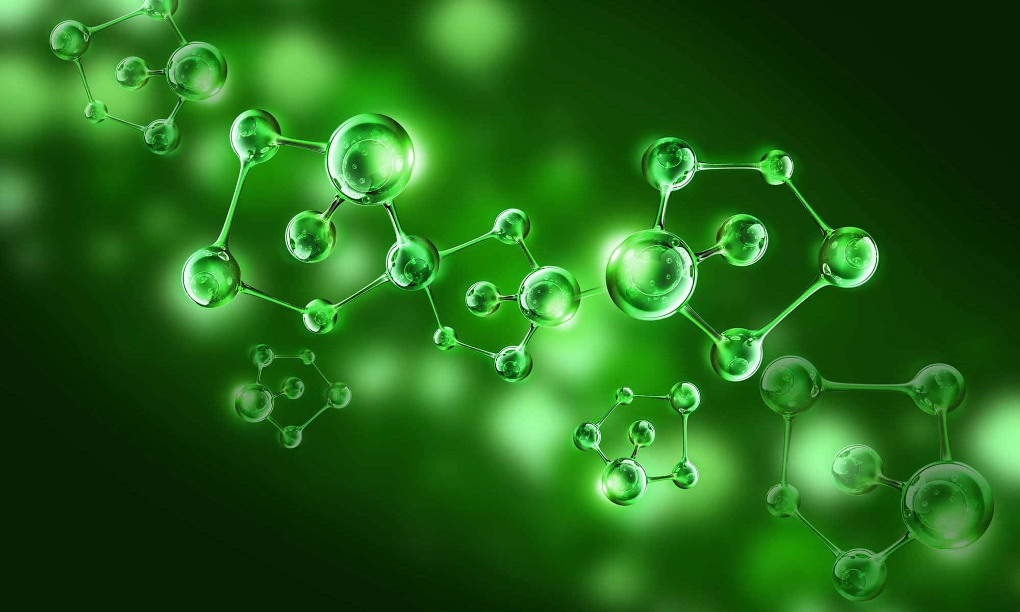 化學 桌布 壁紙 — 發光的綠色分子結構在深綠色散景背景上漂浮，帶有柔和的光線亮點。