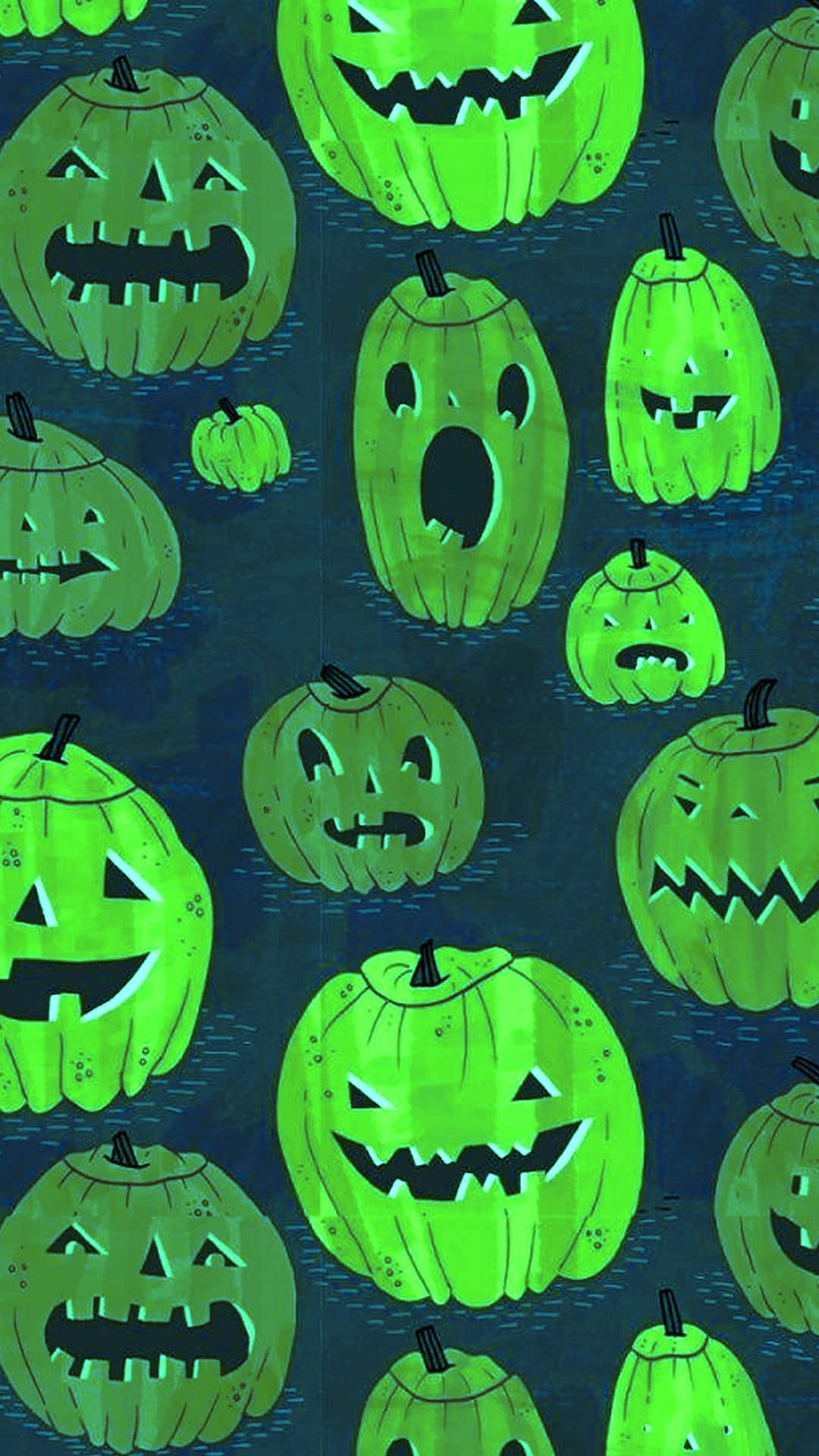 Pumpkin Halloween 桌布 壁紙 — 發光的綠色南瓜燈籠帶有恐怖面孔漂浮在暗水中，營造出節日萬聖節圖案。