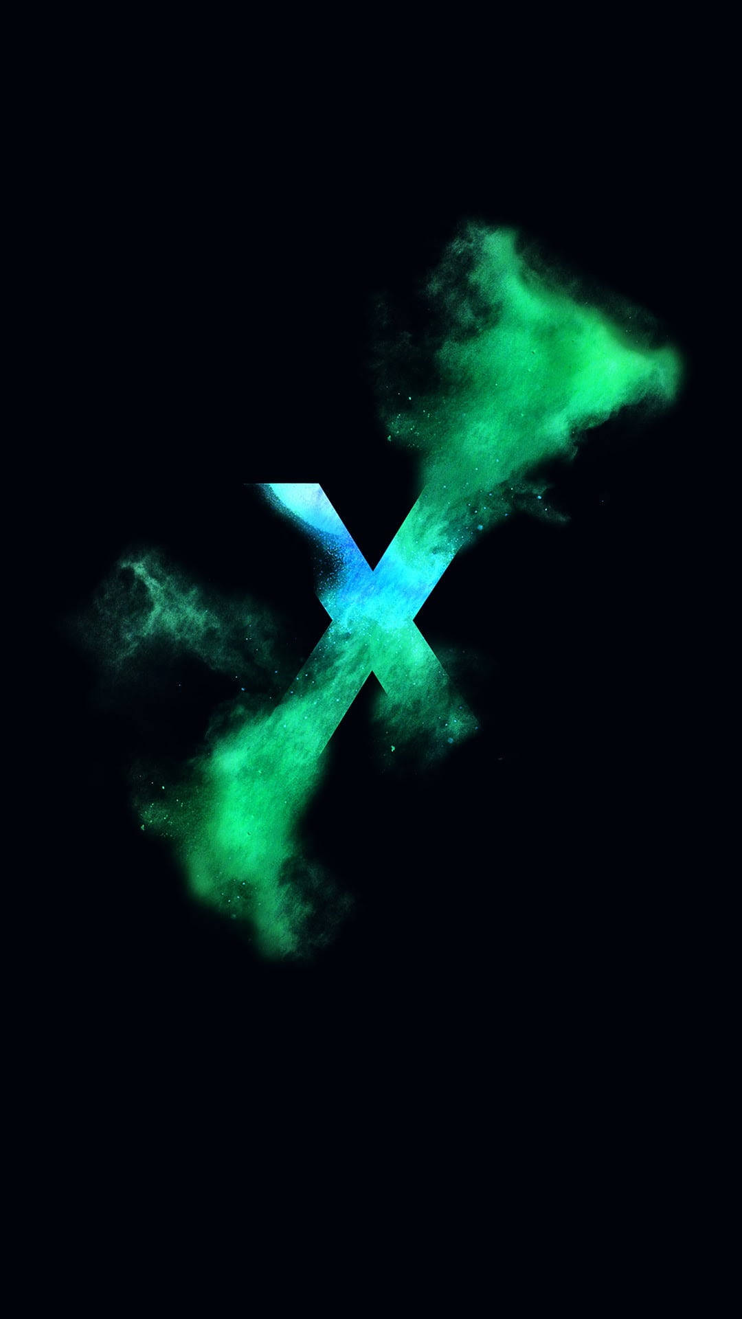 X 桌布 壁紙 — 發光的綠色和藍色粉末爆炸在黑色背景上形成一個風格化的X。