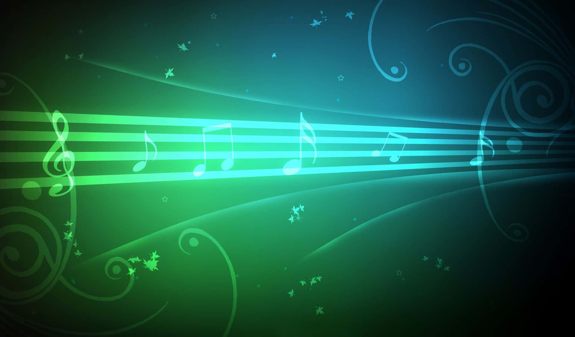 Musical 桌布 壁紙 — 發光的綠色和藍色音符漂浮在帶有漩渦圖案和閃爍星星的漸變背景上。