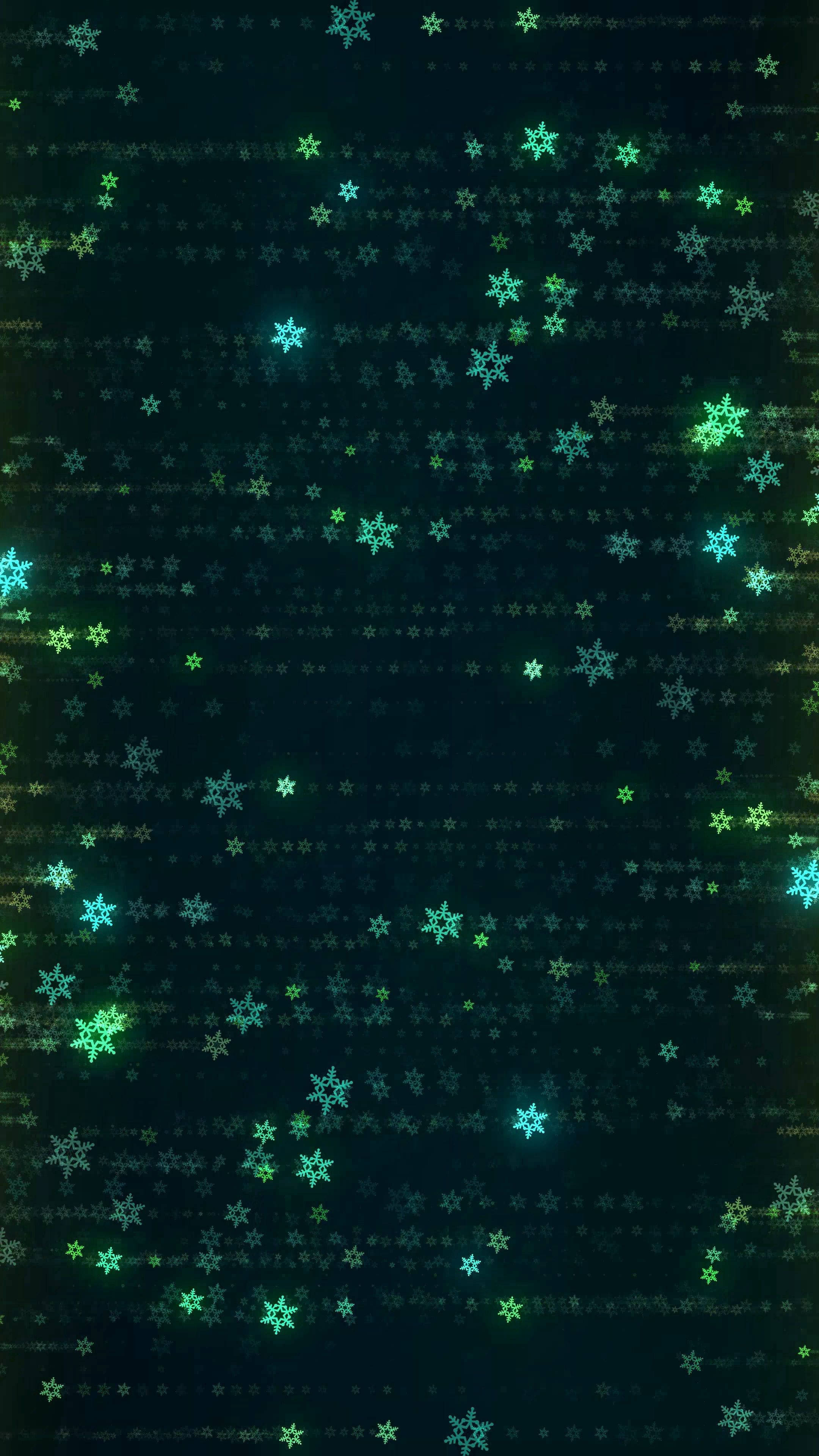 雪花 桌布 壁紙 — 發光的綠色和青色雪花在黑暗的數字矩陣背景上飄動。