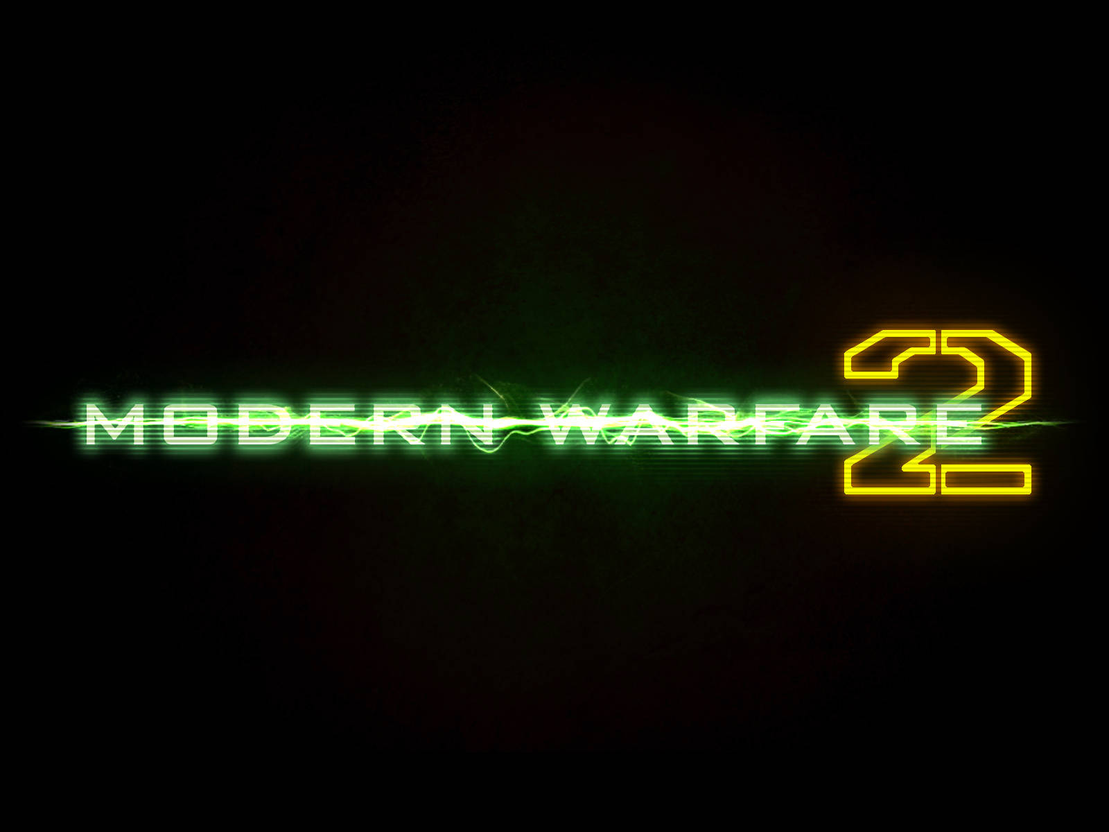 Call 桌布 壁紙 — 發光的綠色和黃色 'MODERN WARFARE 2' 文字在黑色背景上以電能脈動。