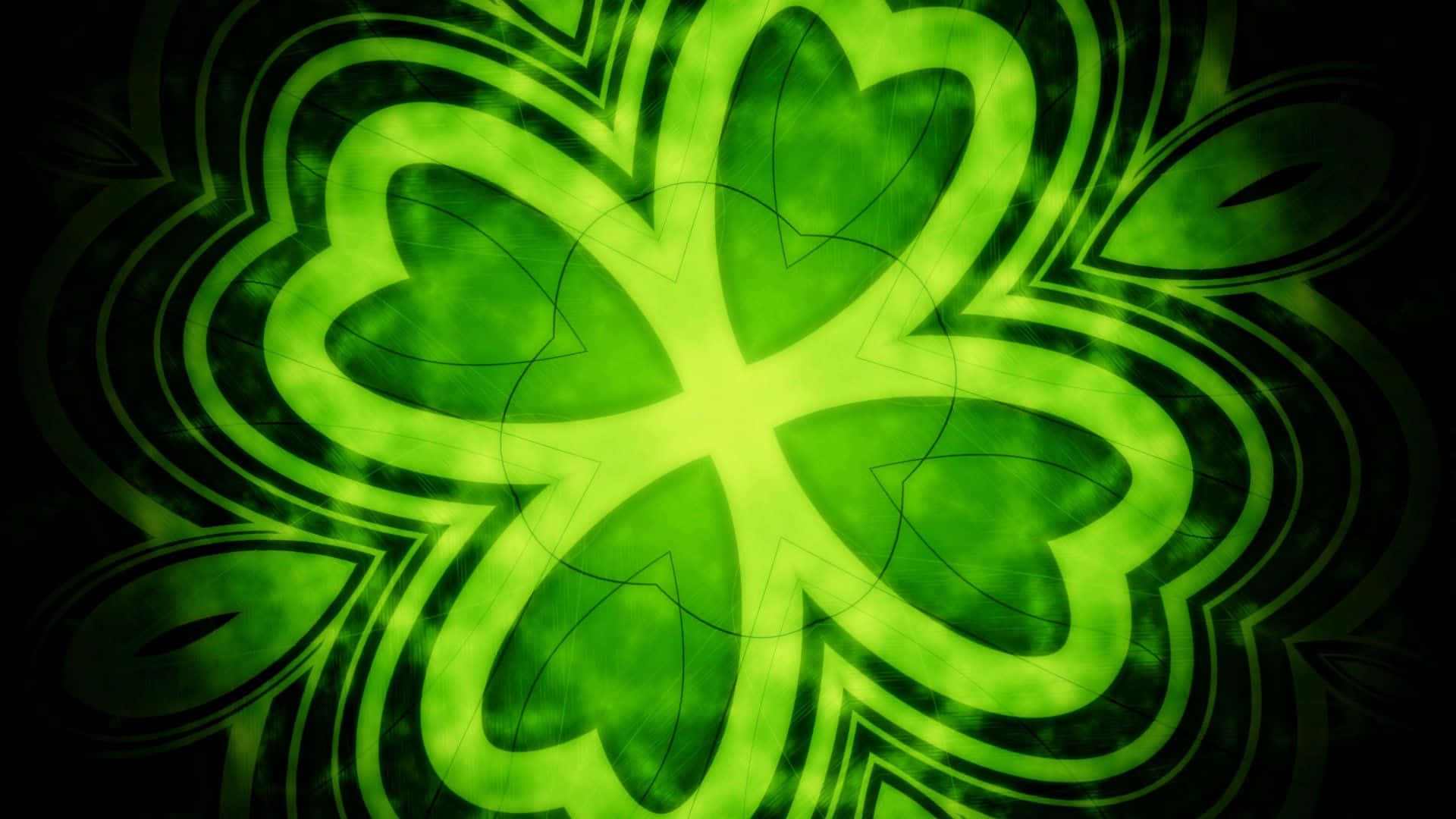 Saint Patricks Day 桌布 壁紙 — 發光的綠色四葉草在帶有漩渦抽象圖案的深色背景上閃耀。