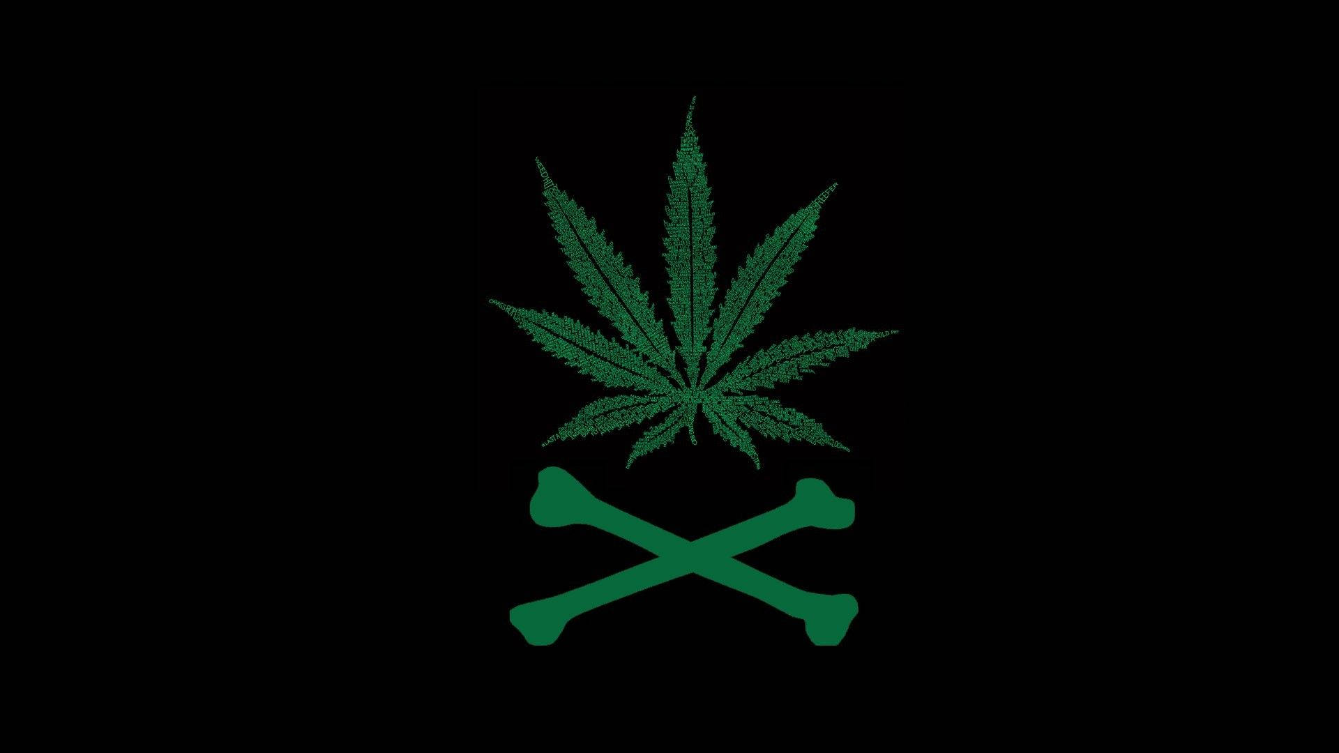 chill stoner 桌布 壁紙 — 發光的綠色大麻葉位於交叉骨頭之上，背景為純黑色。