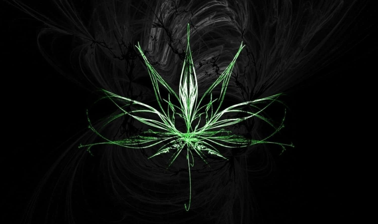 桌布 壁紙 — 發光的綠色大麻葉在旋轉的黑灰色碎形背景中散發光芒。
