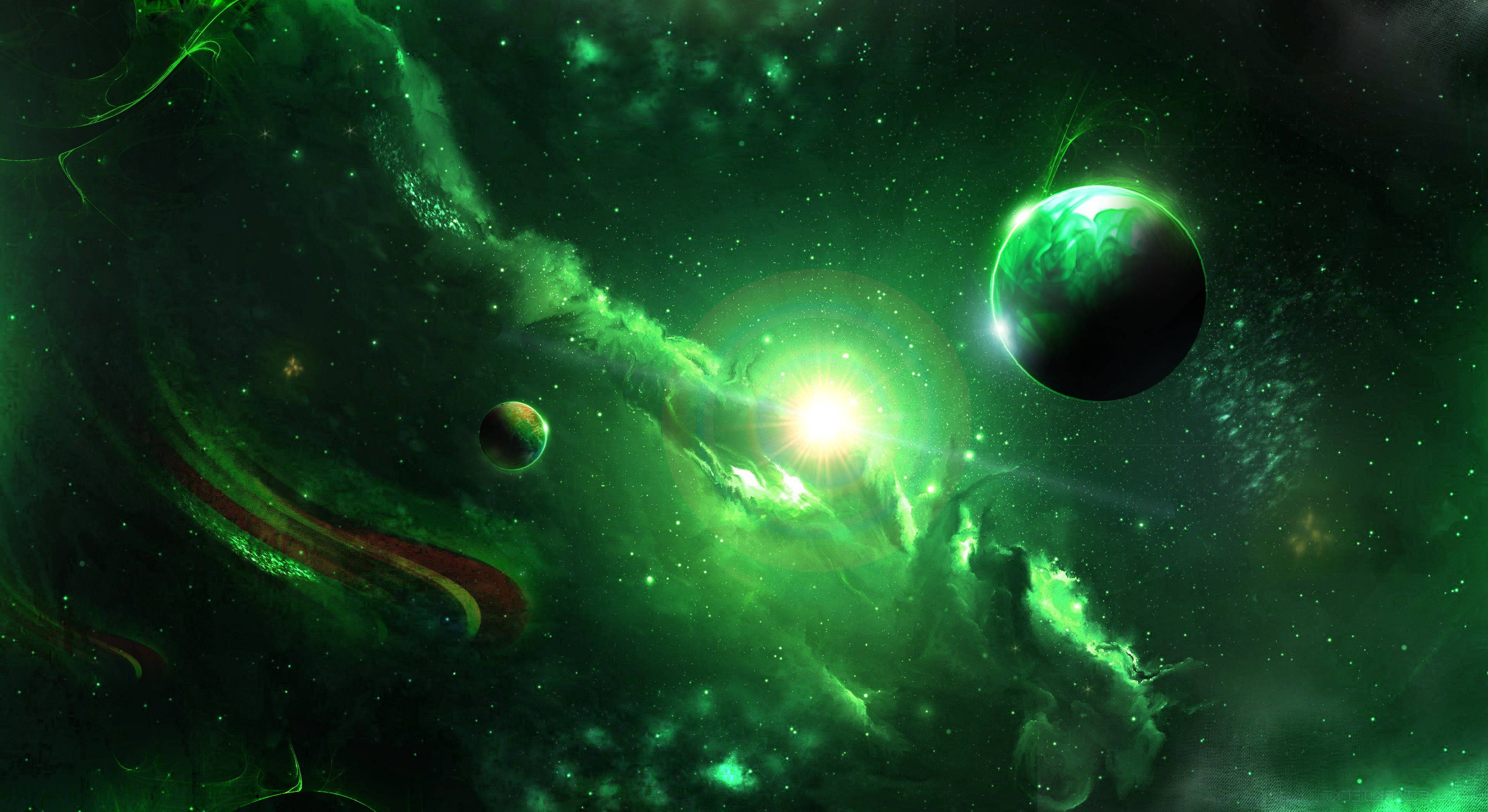 高清 桌布 壁紙 — 發光的綠色星雲在宇宙廣闊中圍繞著發光的行星和恆星旋轉。