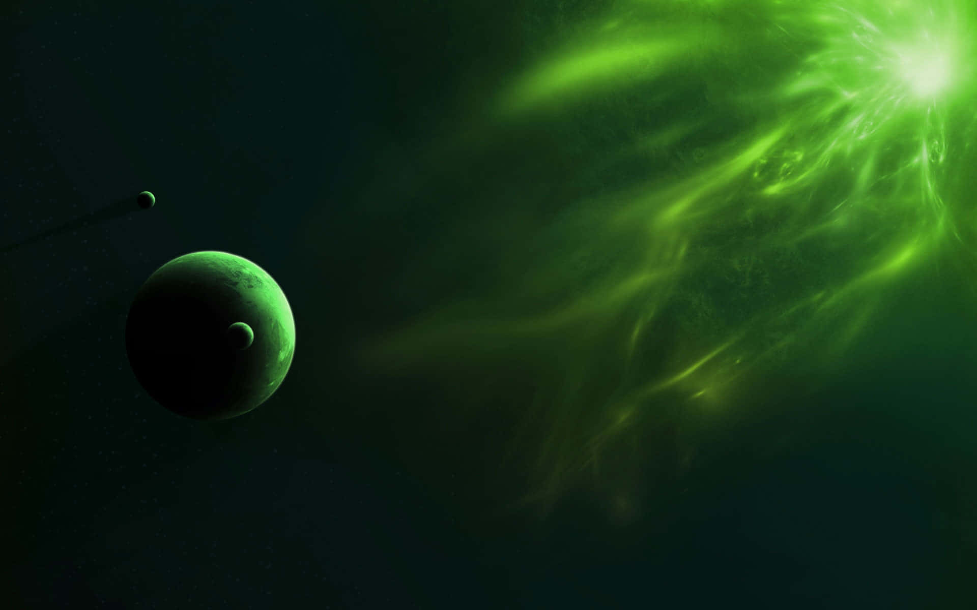 Green Galaxy 桌布 壁紙 — 發光的綠色星雲照亮了一顆黑暗行星及其衛星，背景是繁星點點的宇宙。