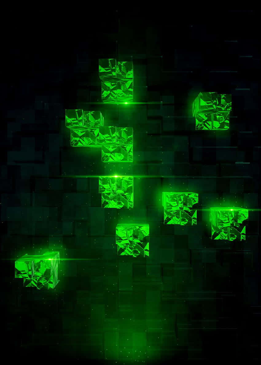 Minecraft Emeralds 桌布 壁紙 — 發光的綠色晶體立方體漂浮在帶有鏡頭光暈和粒子效果的暗色數位網格上。