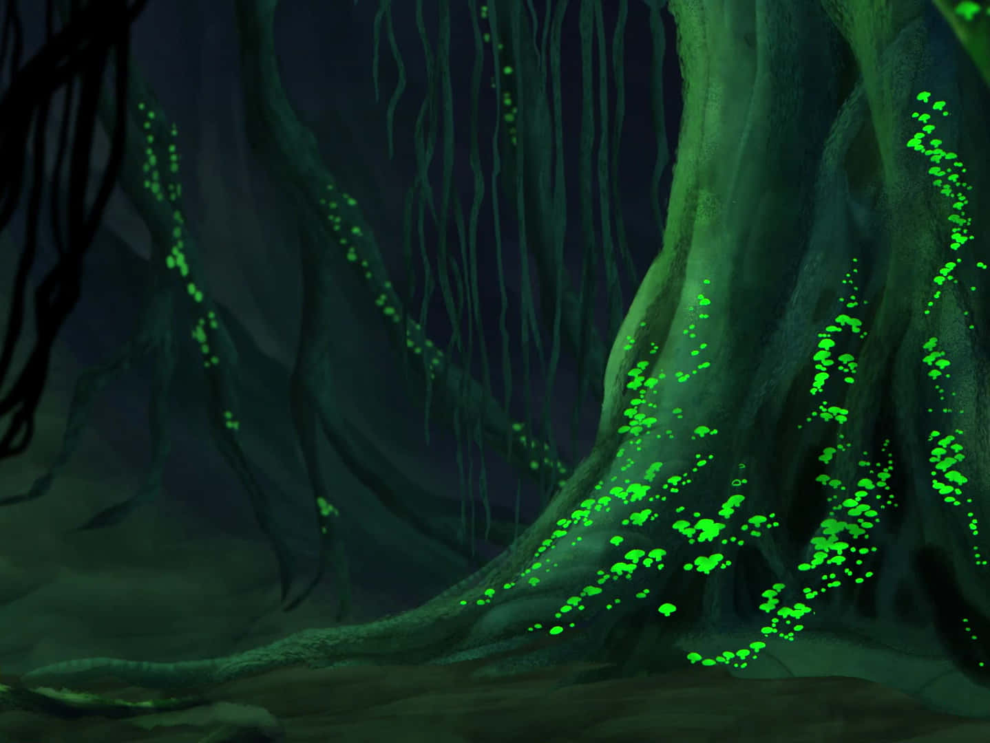 Tree Of Life 桌布 壁紙 — 發光的綠色生物發光真菌依附在神秘地下森林中巨大的深色樹根上。