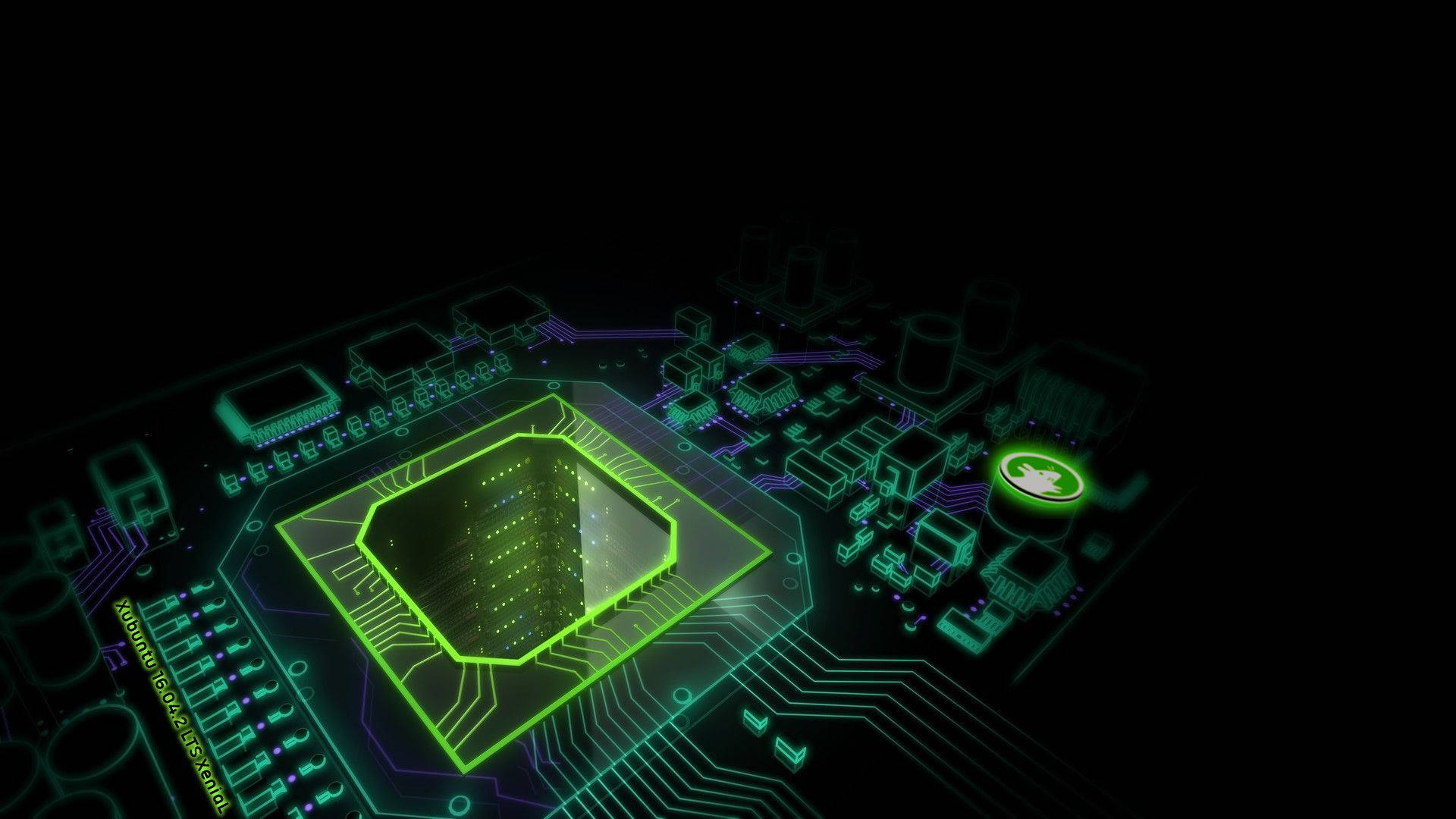 Circuit 桌布 壁紙 — 發光的綠色電路板，中央處理器在黑色背景下發亮。