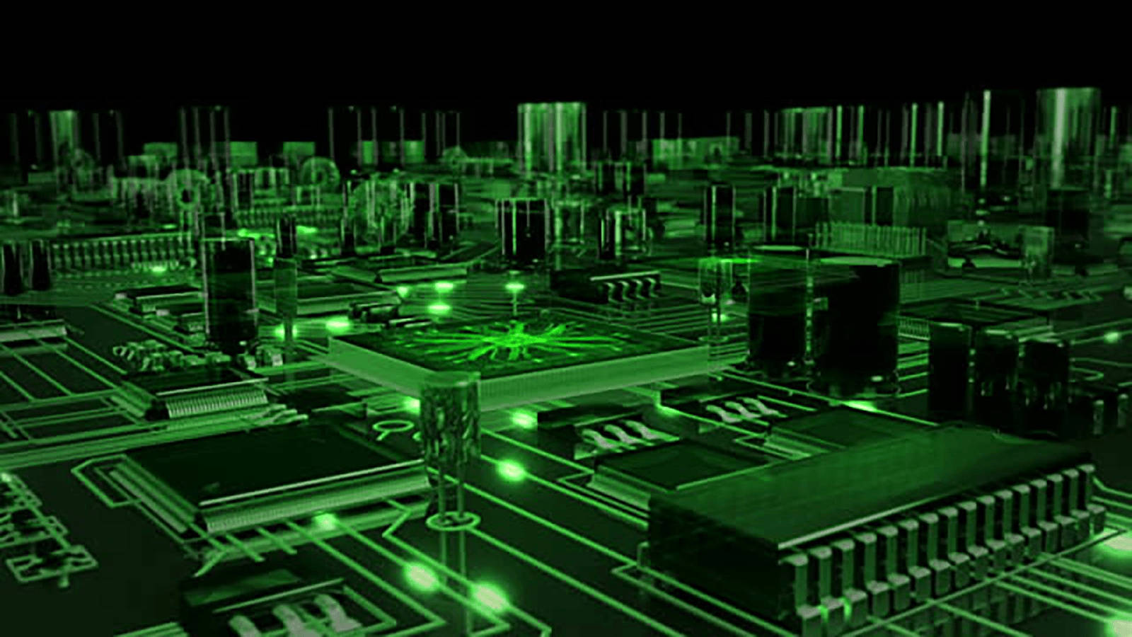 Circuit 桌布 壁紙 — 發光的綠色電路板，帶有複雜的路徑和元件，在黑暗背景下發光。